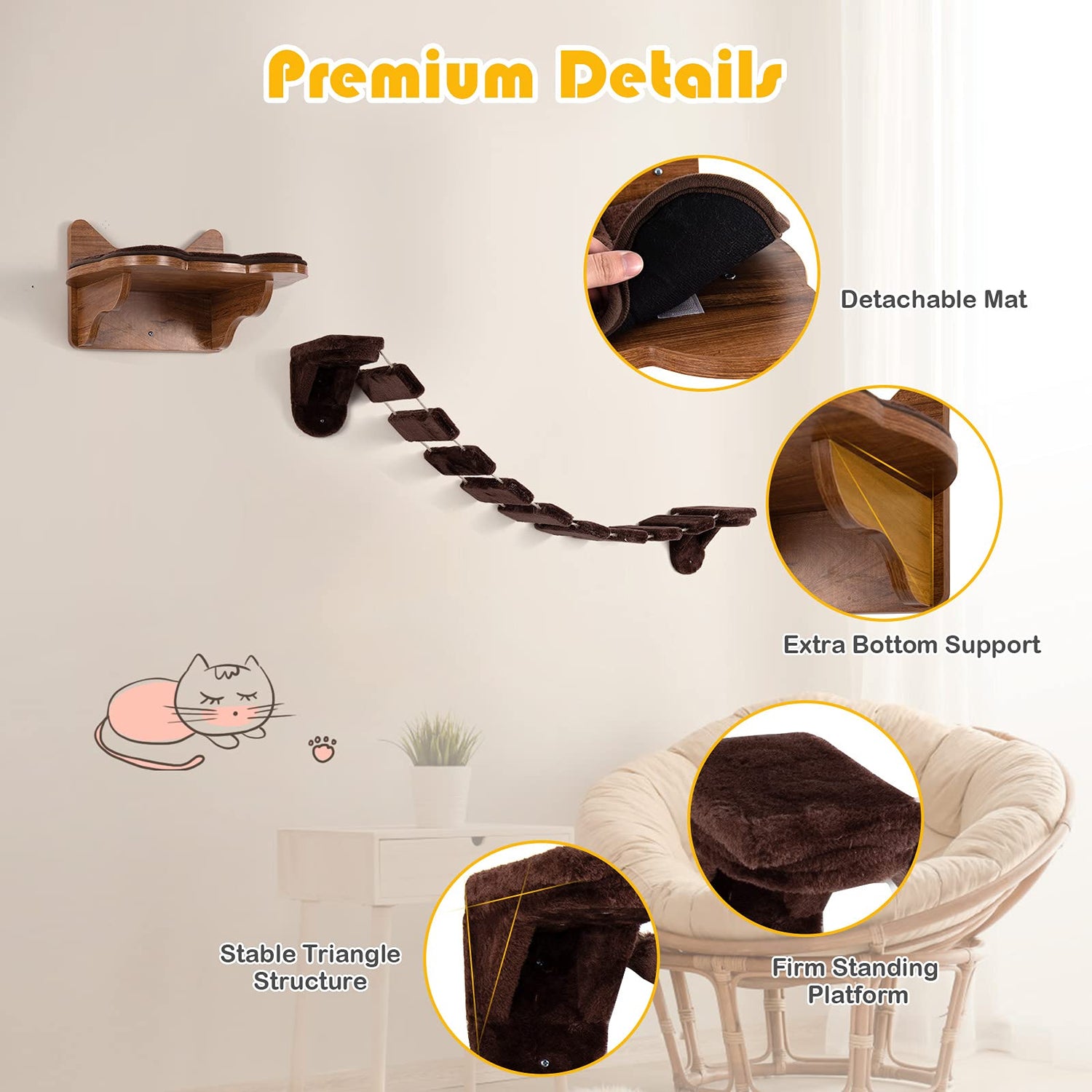 Wall-Mounted Kitten Perch Platform with 2 Fixed Brackets
