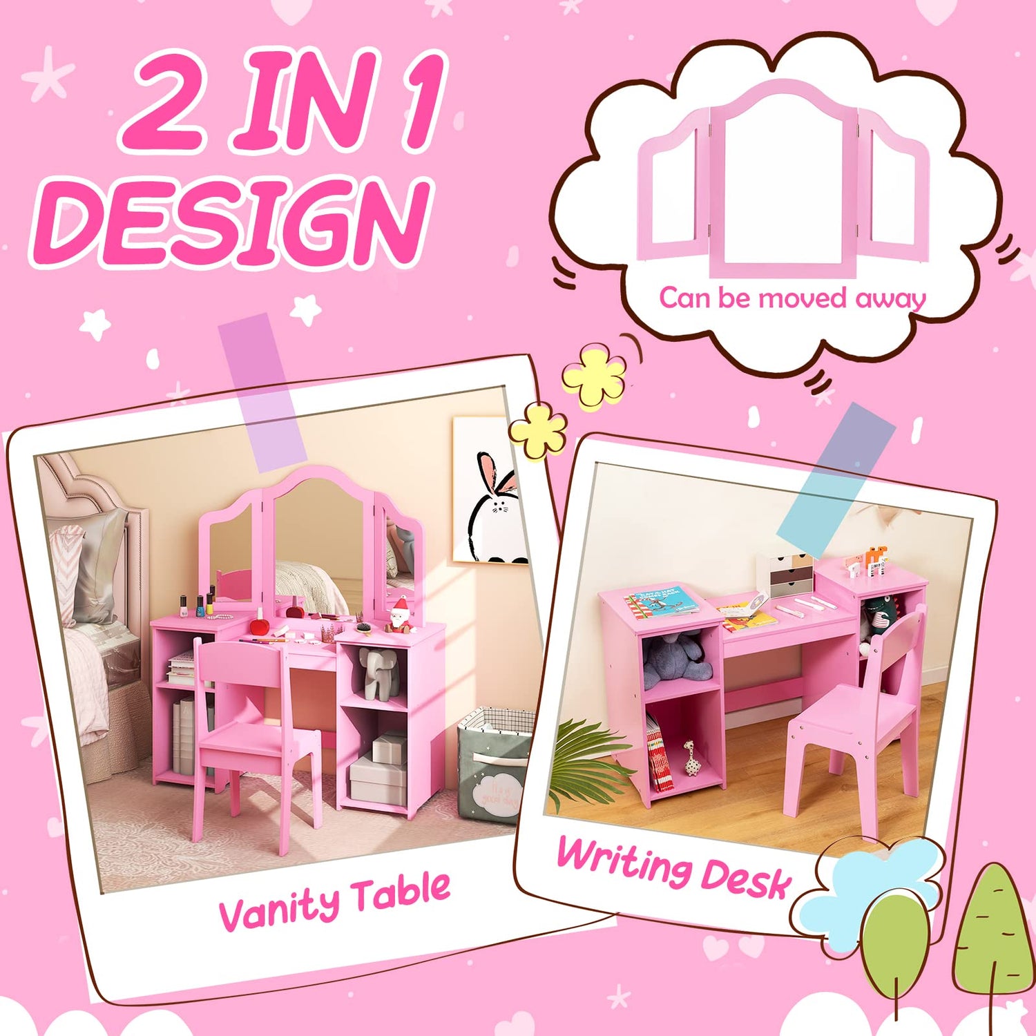 GYMAX Kids Dressing Table and Chair Set, 2 in 1 Children Vanity Table with Tri-Folding Mirror