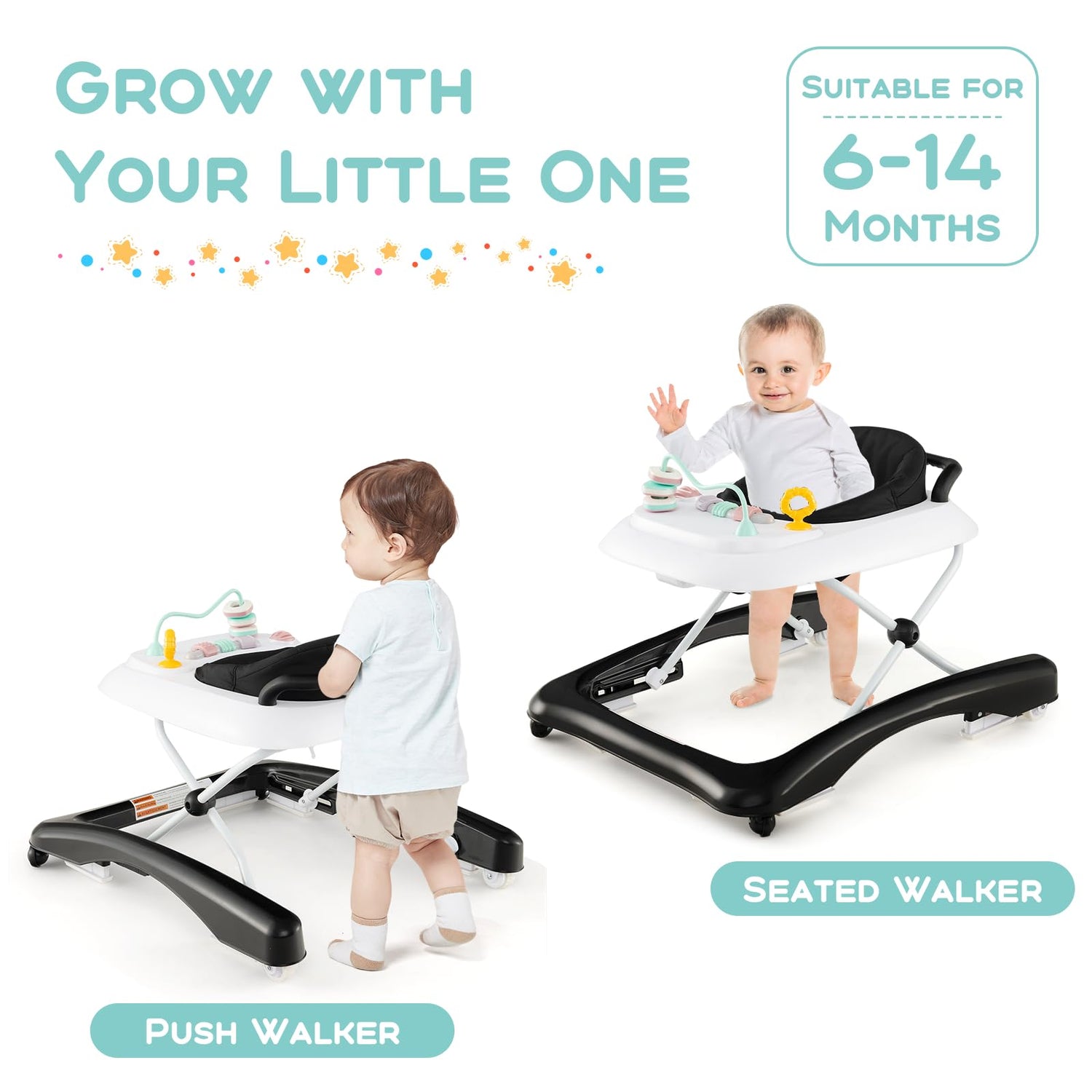 GYMAX Baby Walker, 2 in 1 Foldable Toddler Push Along Walker with Wheels, Removable Double Tray