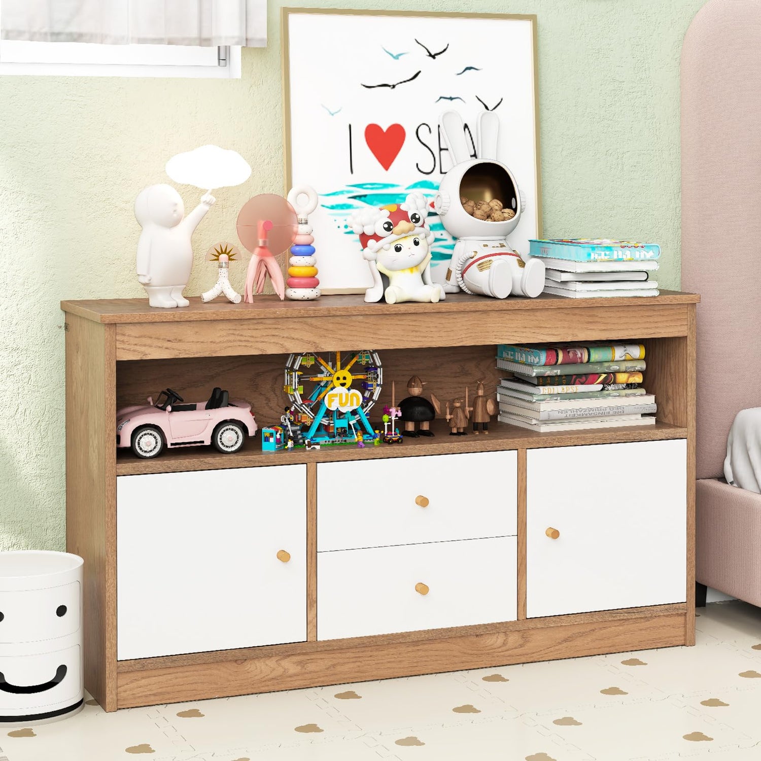 GYMAX Kids Storage Cabinet, Wooden Children Bookcase with Open Shelf