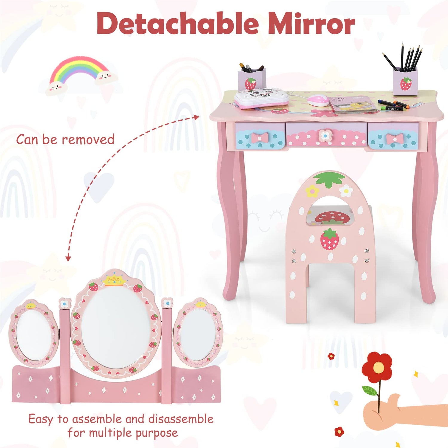 GYMAX Kids Vanity Table and Chair Set Wooden Dressing Tables with 3 Mirror