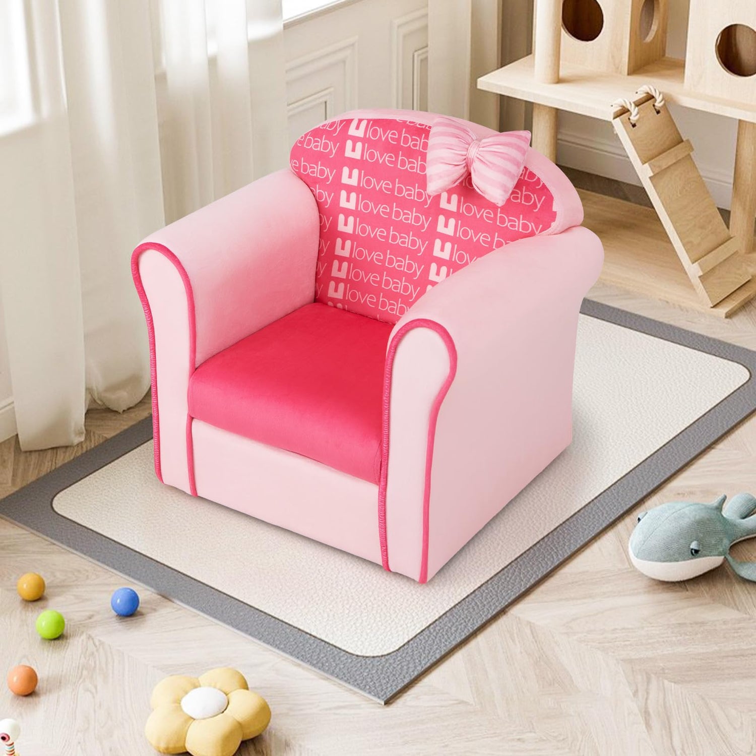 GYMAX Kids Sofa Chair, Wooden Children Armchair with Cute Pattern and Non-slip Foot Pads