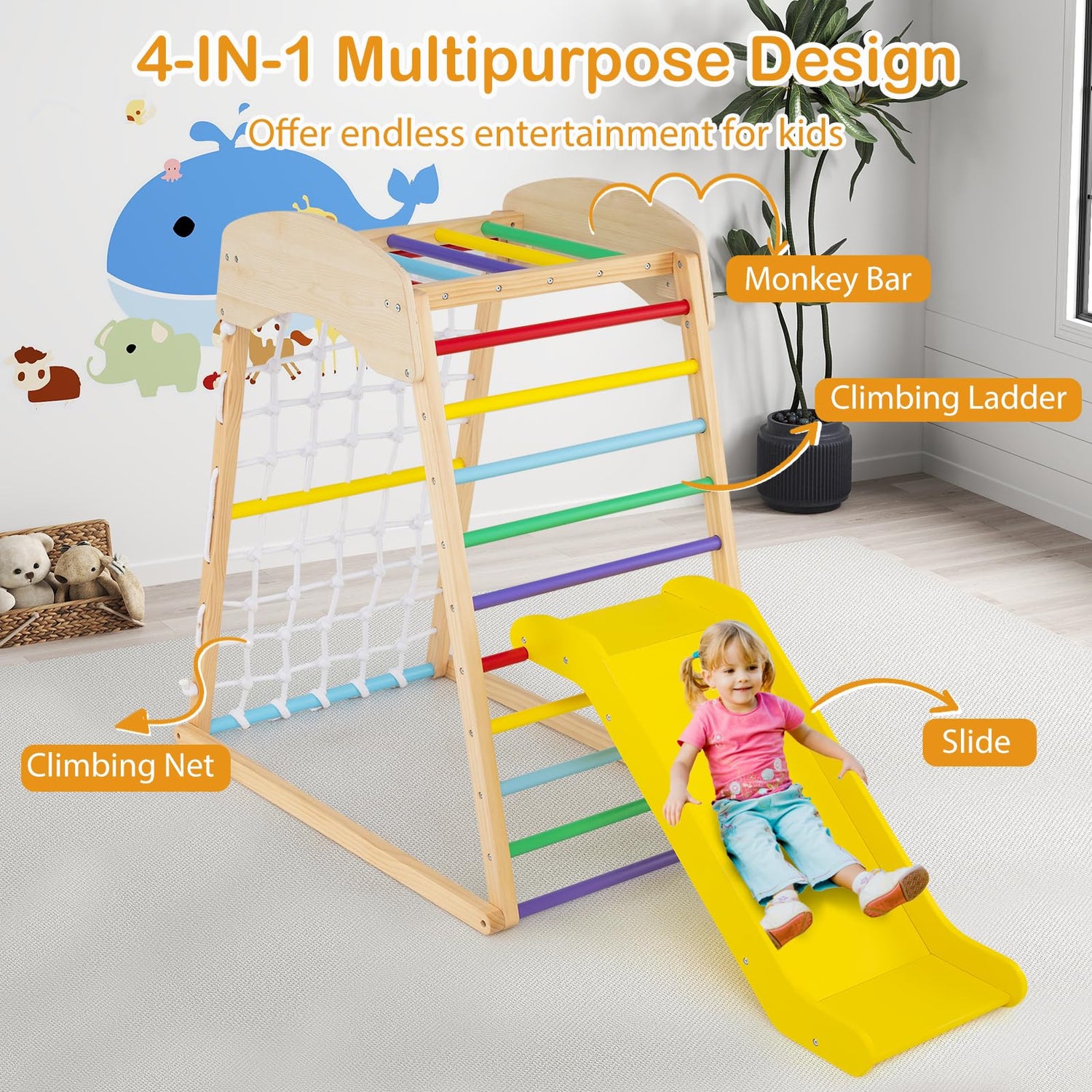 GYMAX 4 in 1 Kids Climbing Set, Wooden Toddler Climber with Adjustable Slide