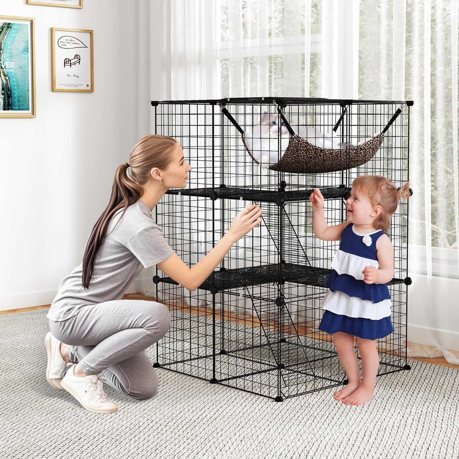 GYMAX Large Cat Cage, 3 Tier DIY Cat Enclosure