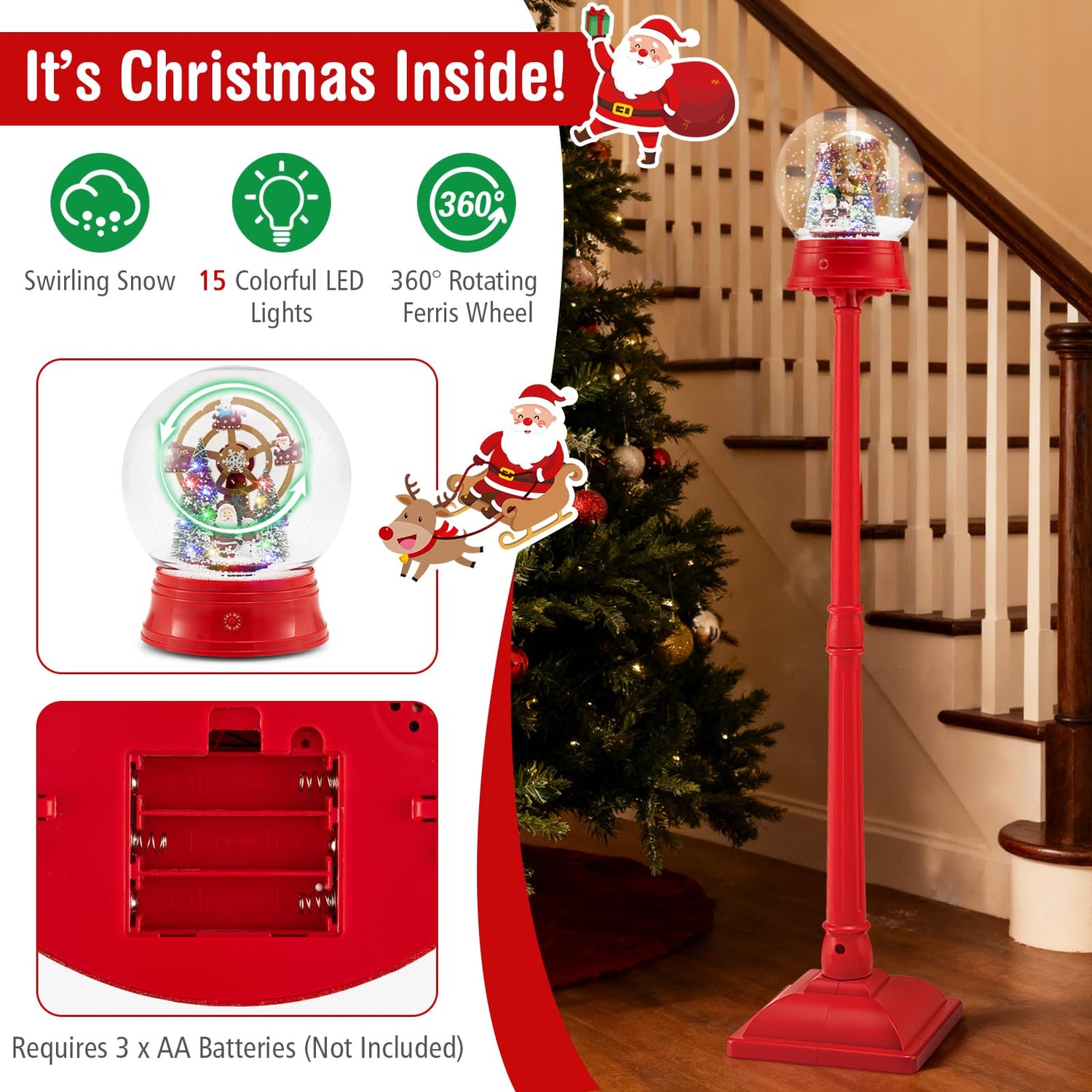 Christmas Street Lamp, 5FT Red Musical Festive Lamp Post with 8 Tunes