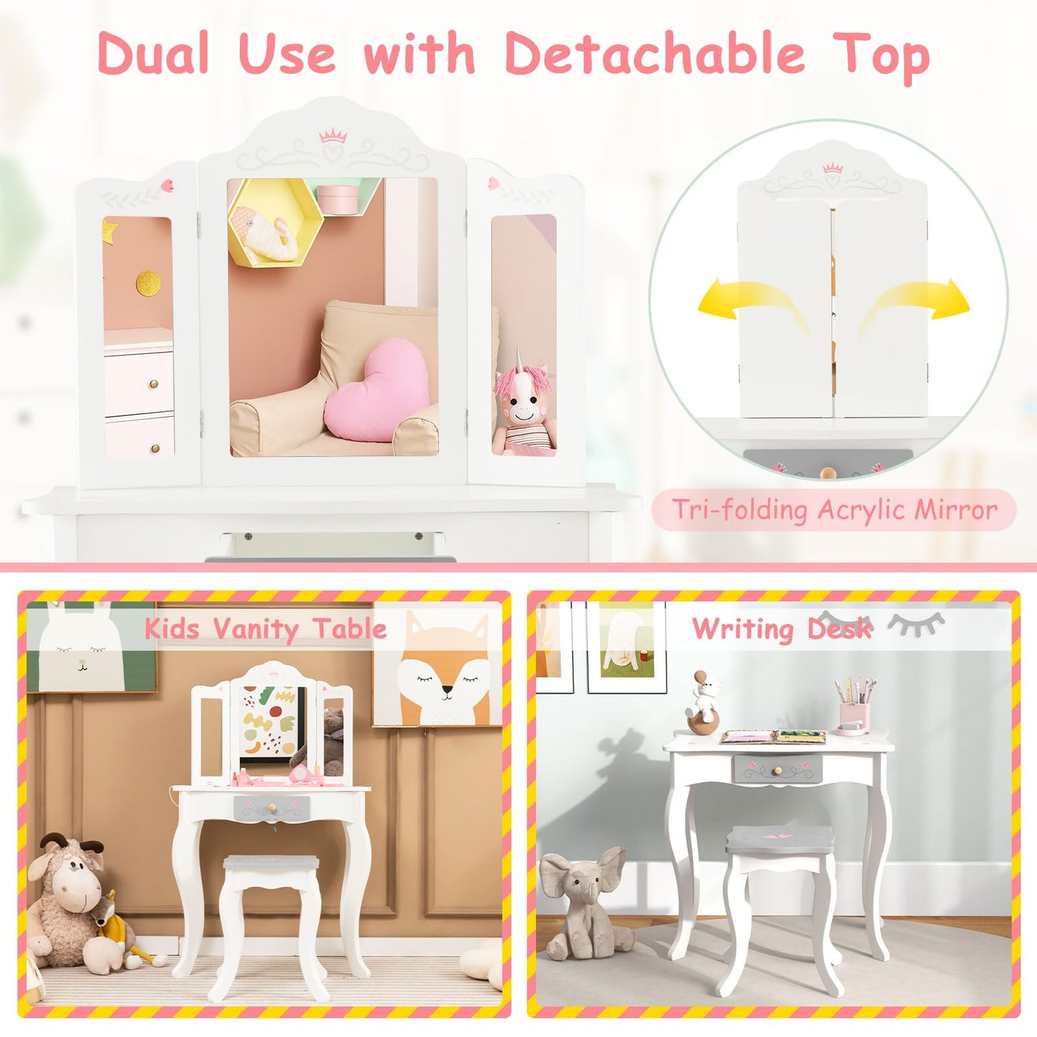 GYMAX Kids Vanity Table Set, Wooden Girls Dressing Table with Stool, Tri-folding Mirror & Drawer (White+Grey with 10 Pcs Makeup Toys)