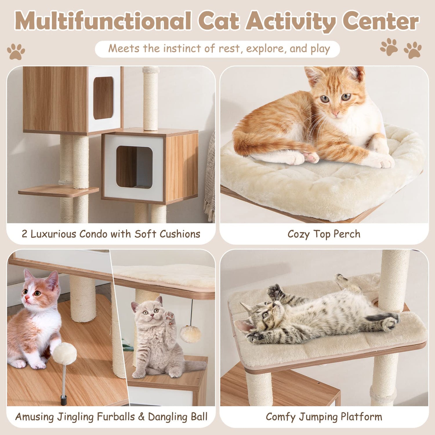 GYMAX Wooden Cat Tree, 163cm Indoor Plush Cat Tower