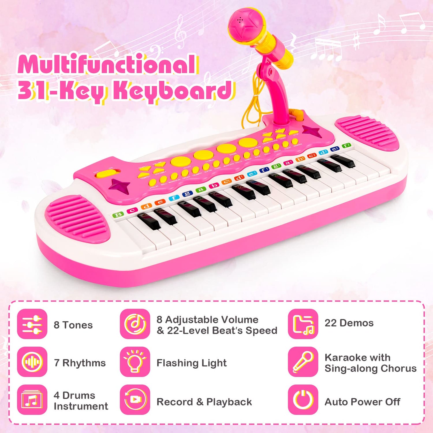 GYMAX 31 Keys Kids Piano and Stool with Adjustable Microphone