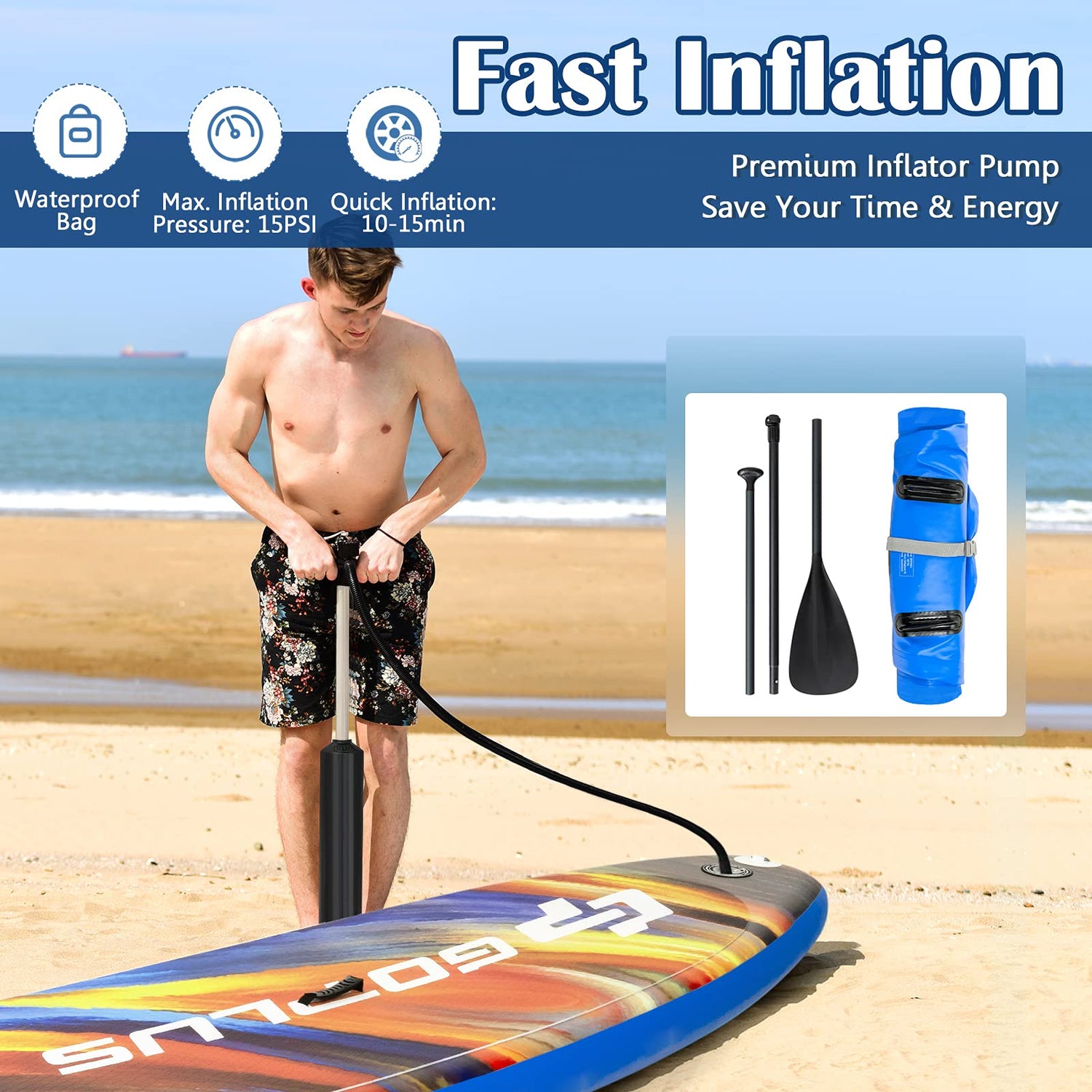 GYMAX 10.5FT Inflatable Paddle Board, 6" Thick Stand Up SUP Paddleboards, 320 x 76 x 15cm