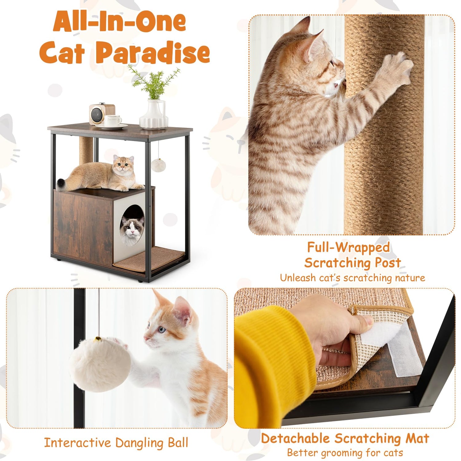 GYMAX Cat House Side Table, Cat Condo End Table with Detachable Plush Mat, Scratching Post & Mat