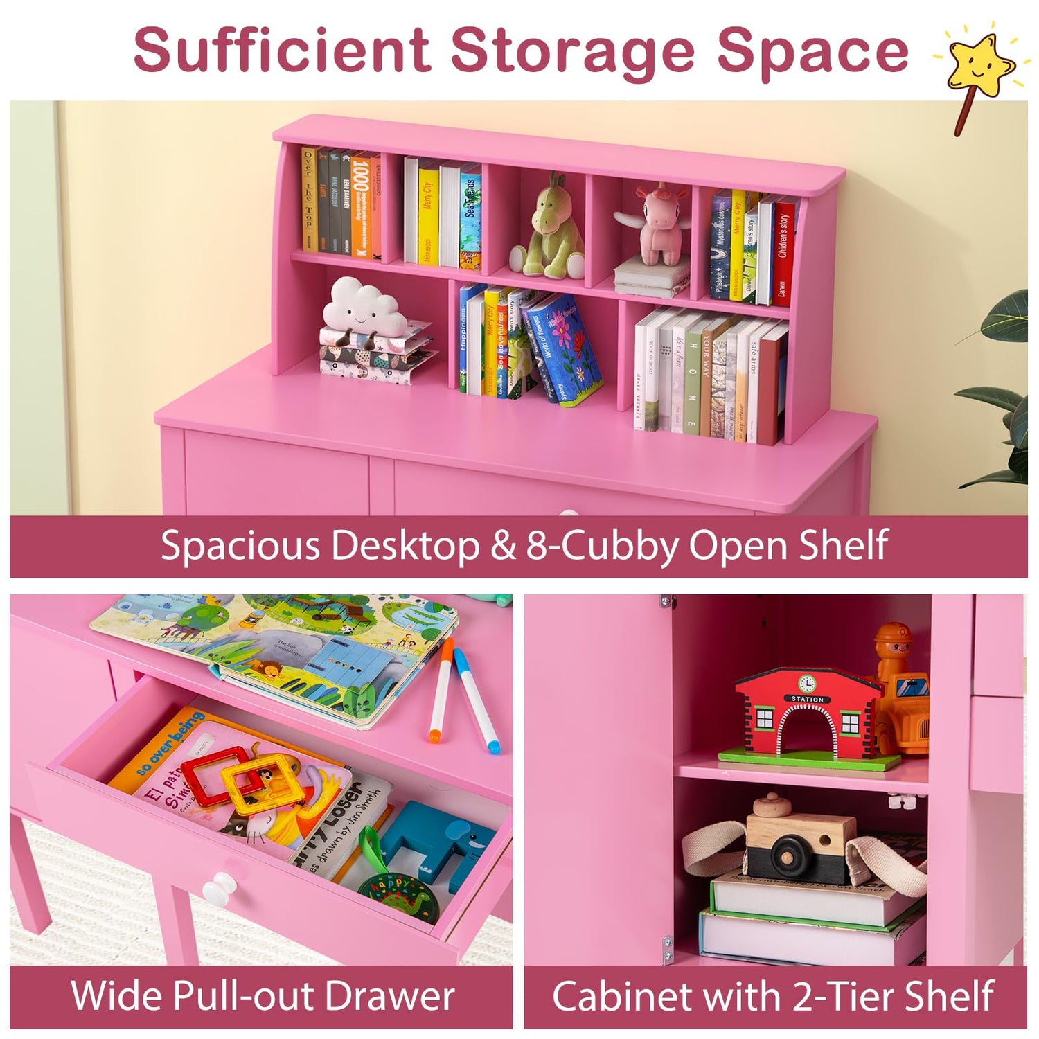 Kids Study Desk and Chair Set with Hutch and Storage Cabinet