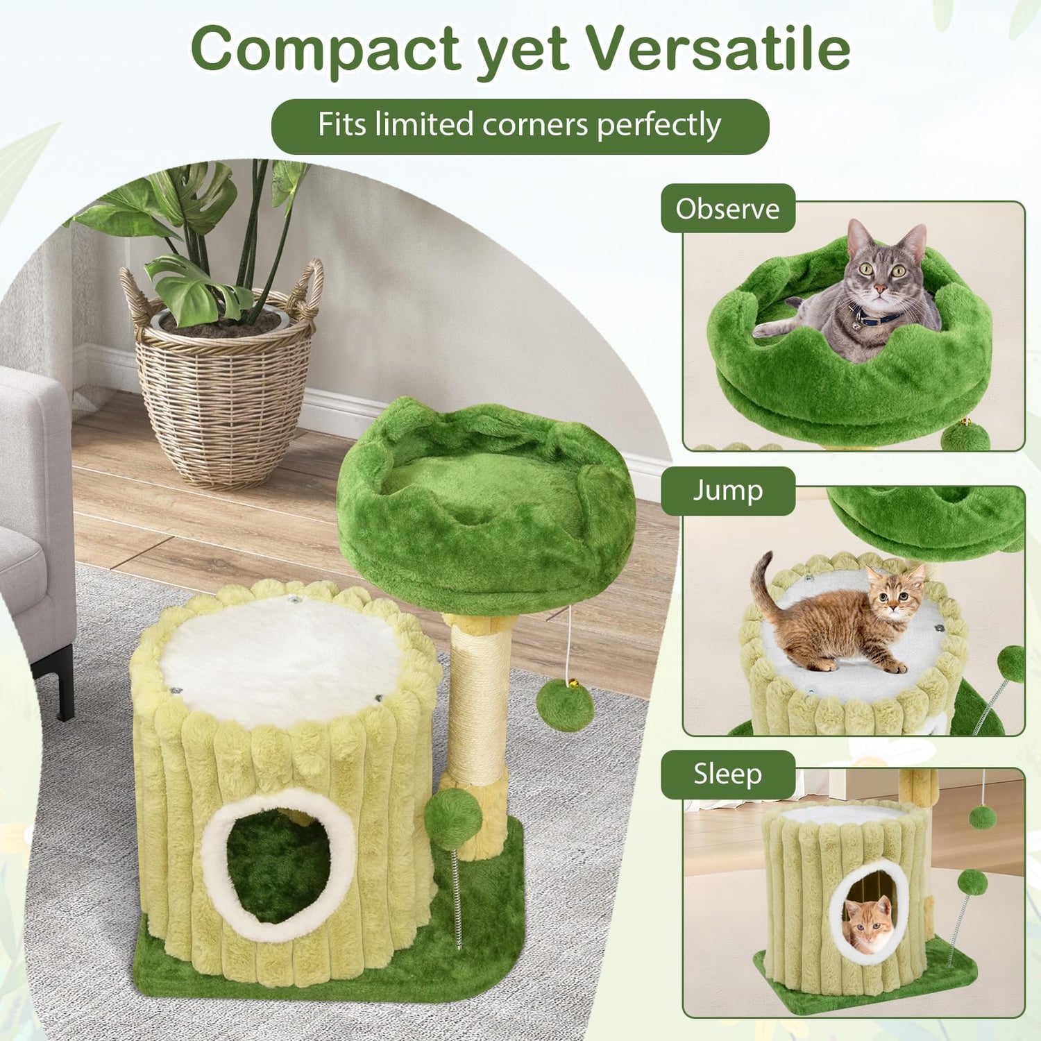 GYMAX Small Cat Tree, Green Cat Tower with Private Cat Condo