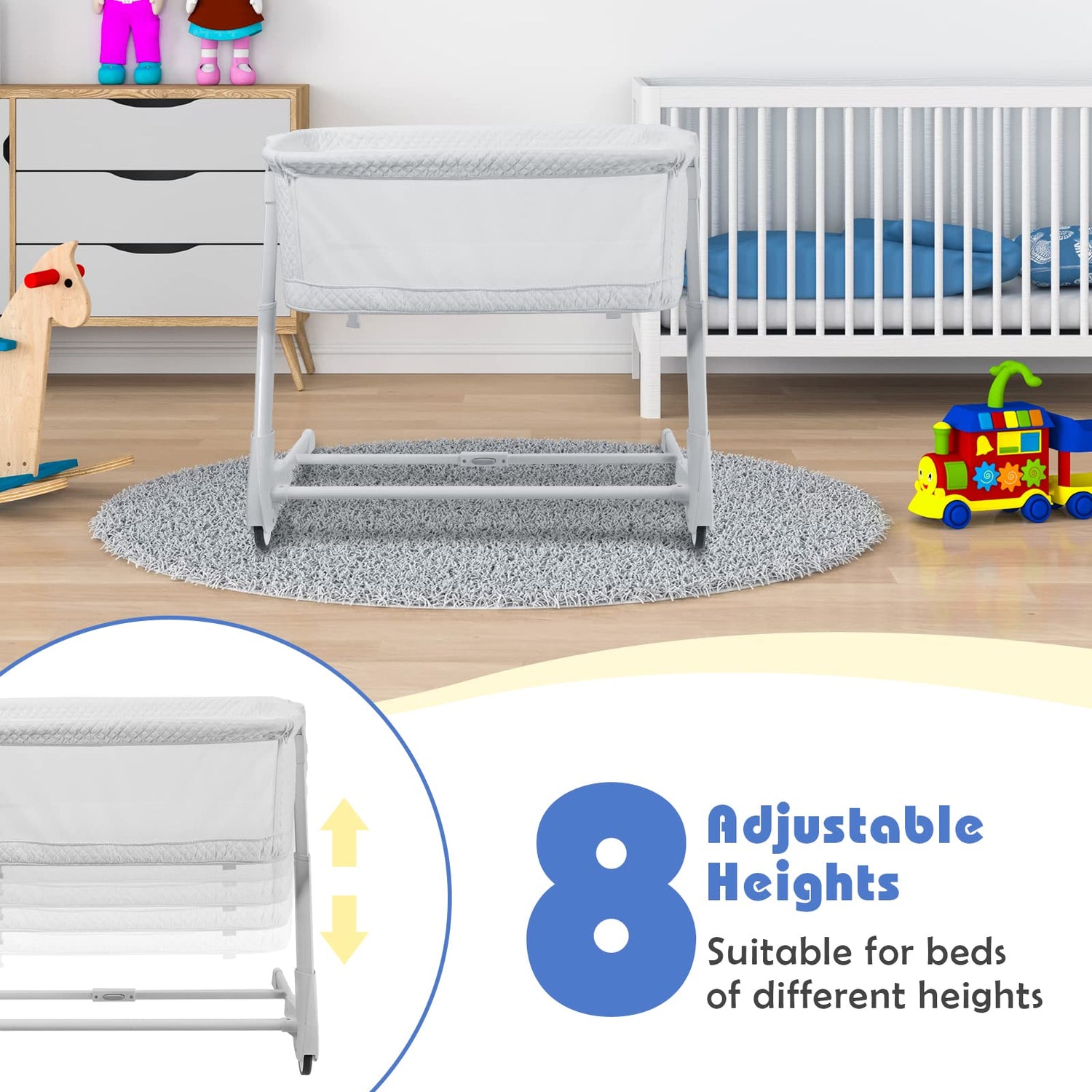 GYMAX Bedside Baby Crib 8 Height Adjustable Infant Sleeping Cot