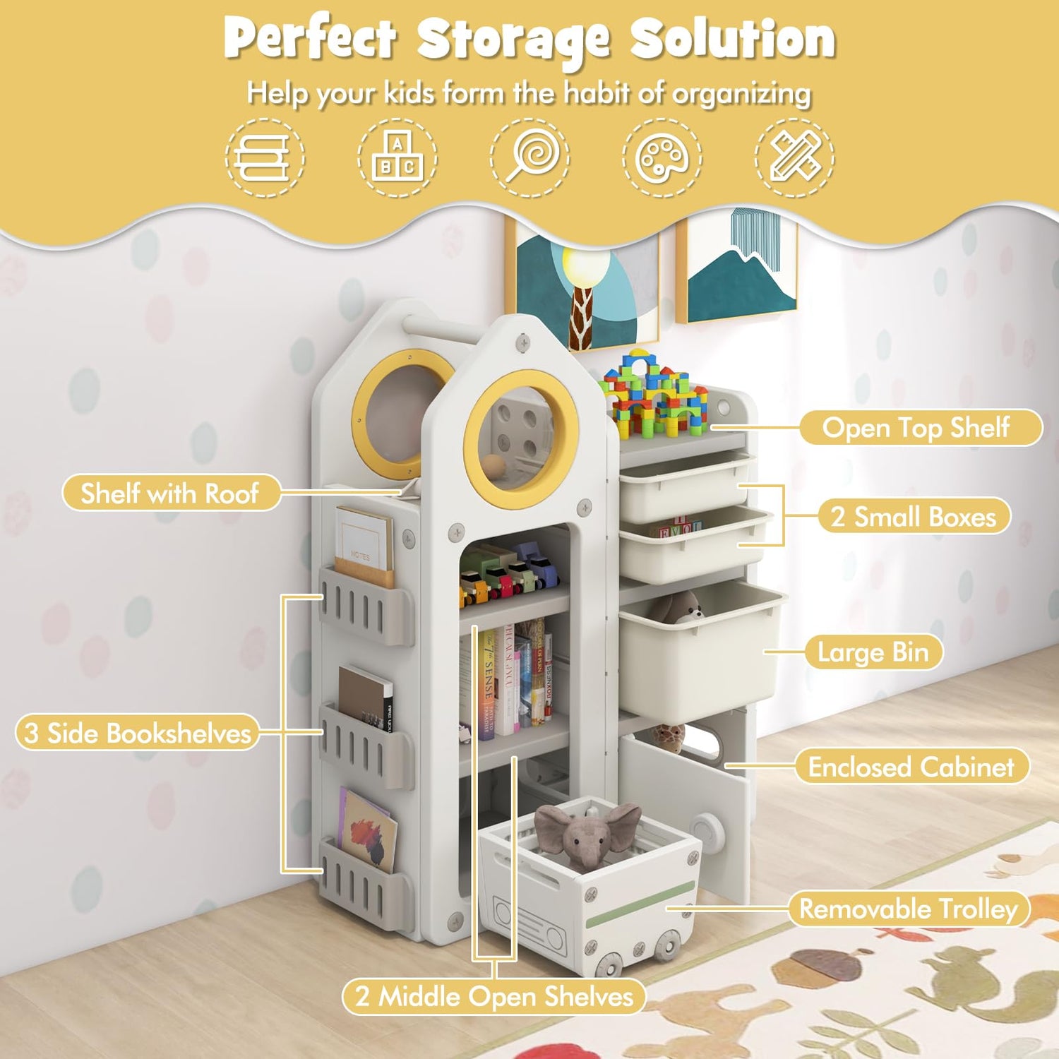 GYMAX Kids Storage Unit, Toddler Toy Organizer with Large Bins (Beige+Grey, House Shape: 87 x 38 x 120 cm)