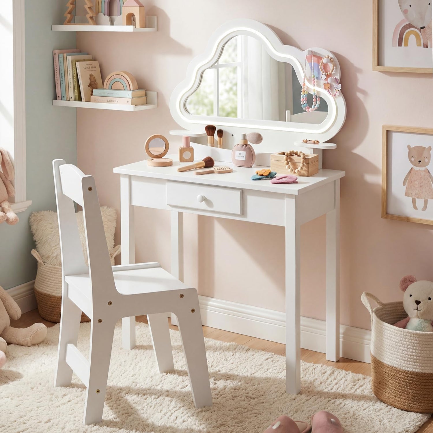 Kids Vanity Table and Chair Set, Children Dressing Table