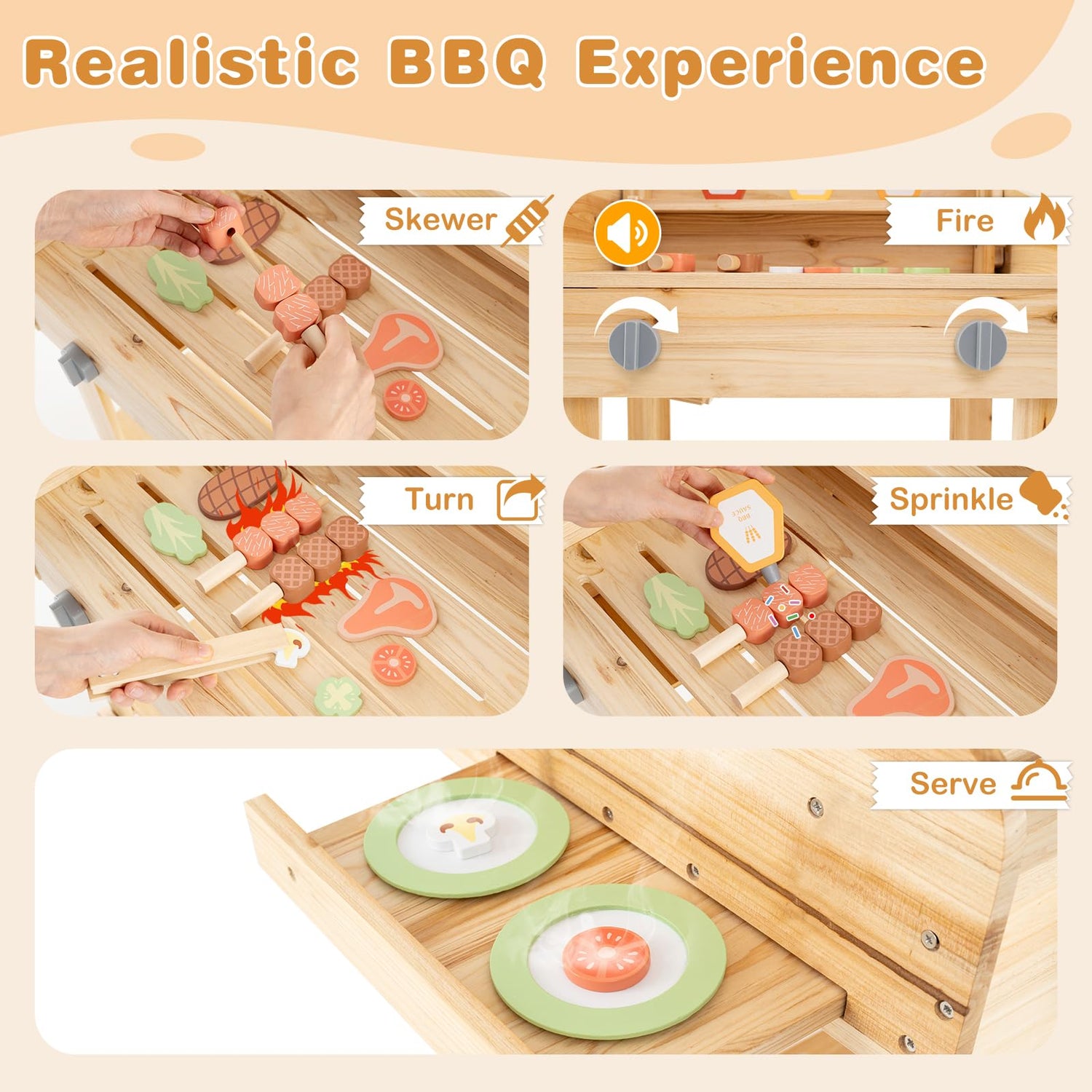GYMAX Kids Barbecue Playset, Wooden BBQ Grill Toy Set with Wheels