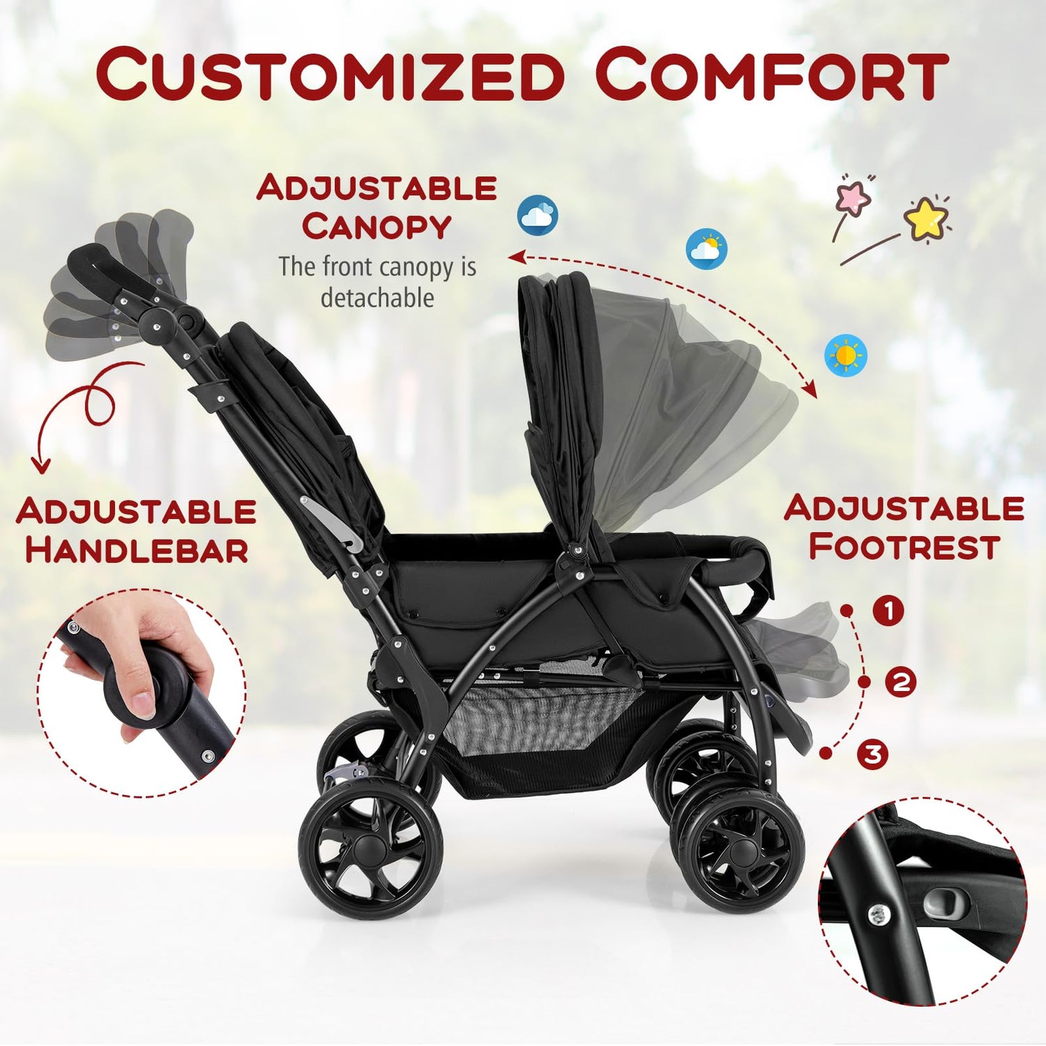 GYMAX Double Seat Stroller with Adjustable Push Handle and Foot Rest