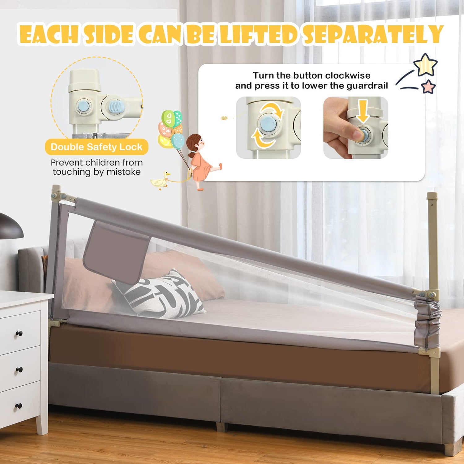 196cm Height Adjustable Bed Rail with Double Safety Lock for Toddlers