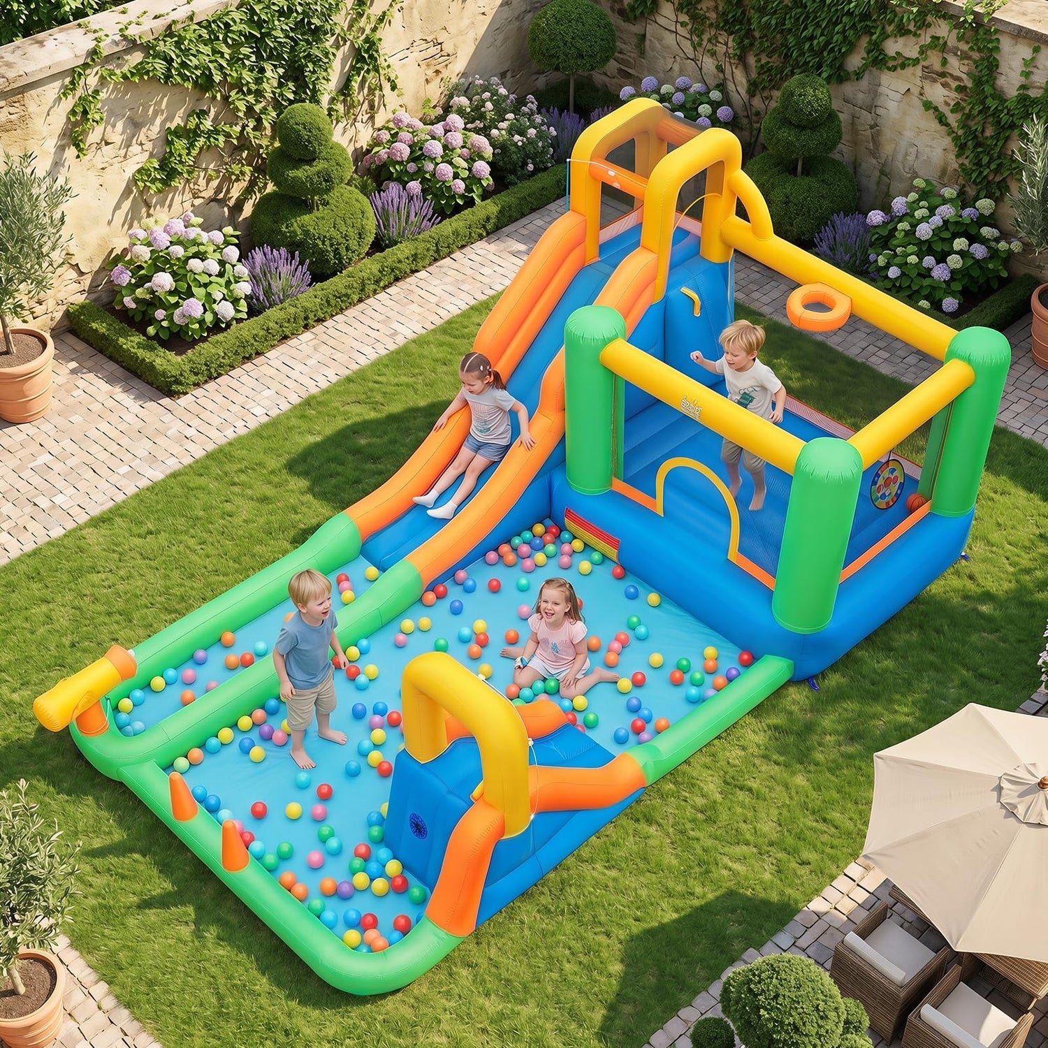 Inflatable Bouncy Castle, 11-in-1 Water Park with Double Slides