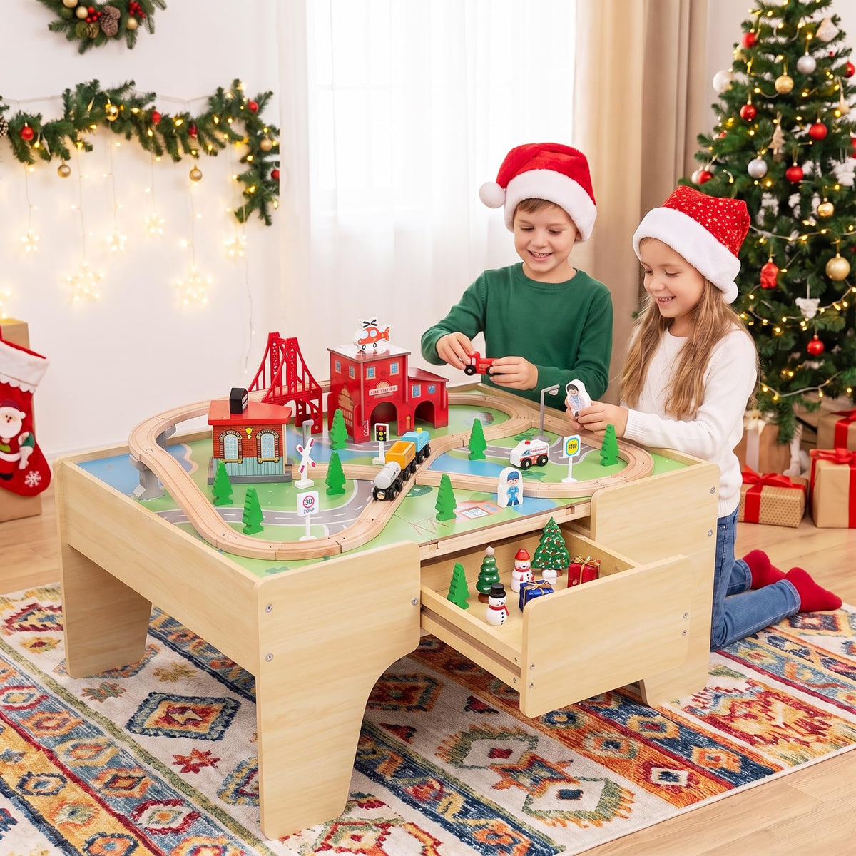 Wooden Train Track Set,Kids Train Table