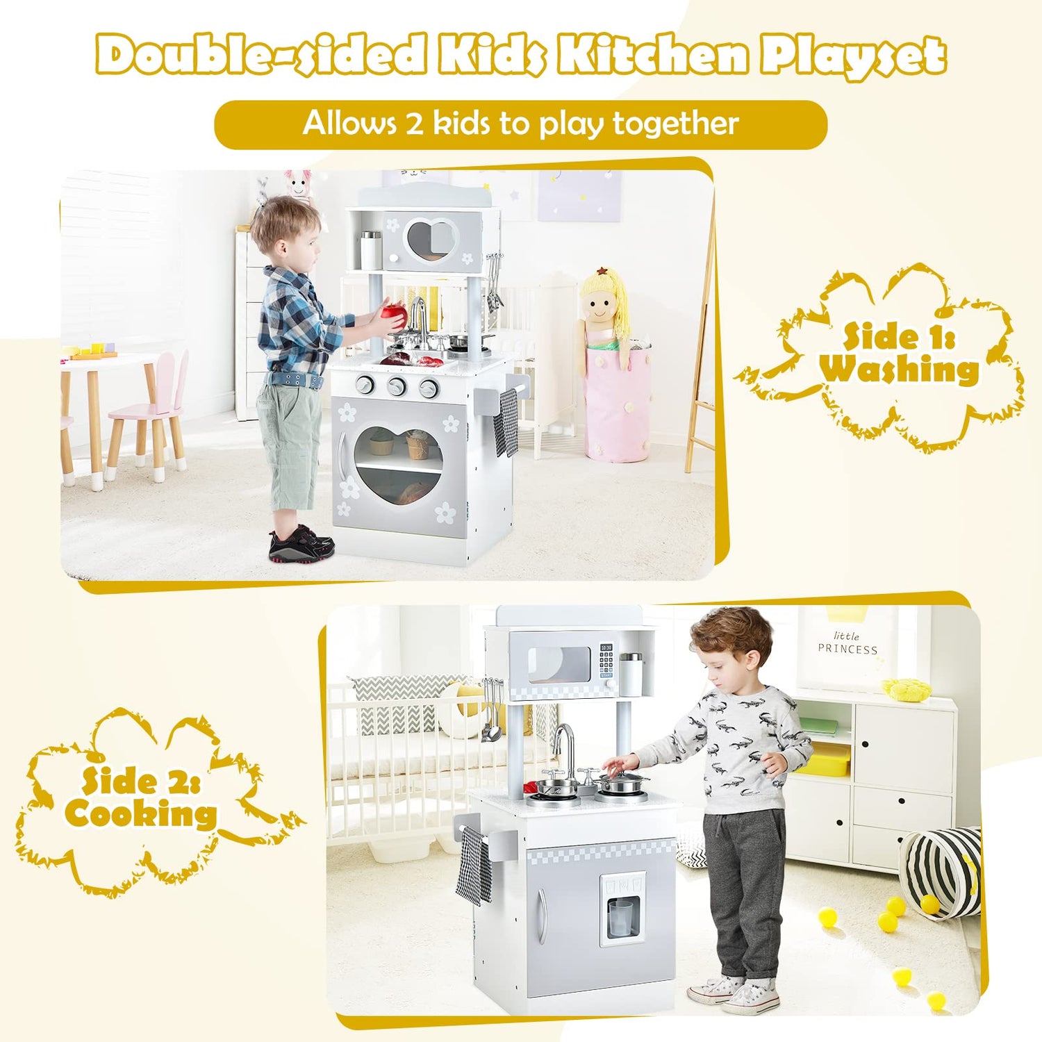 GYMAX Wooden Toy Kitchen, 2 in 1 Kids Play Kitchen with Oven