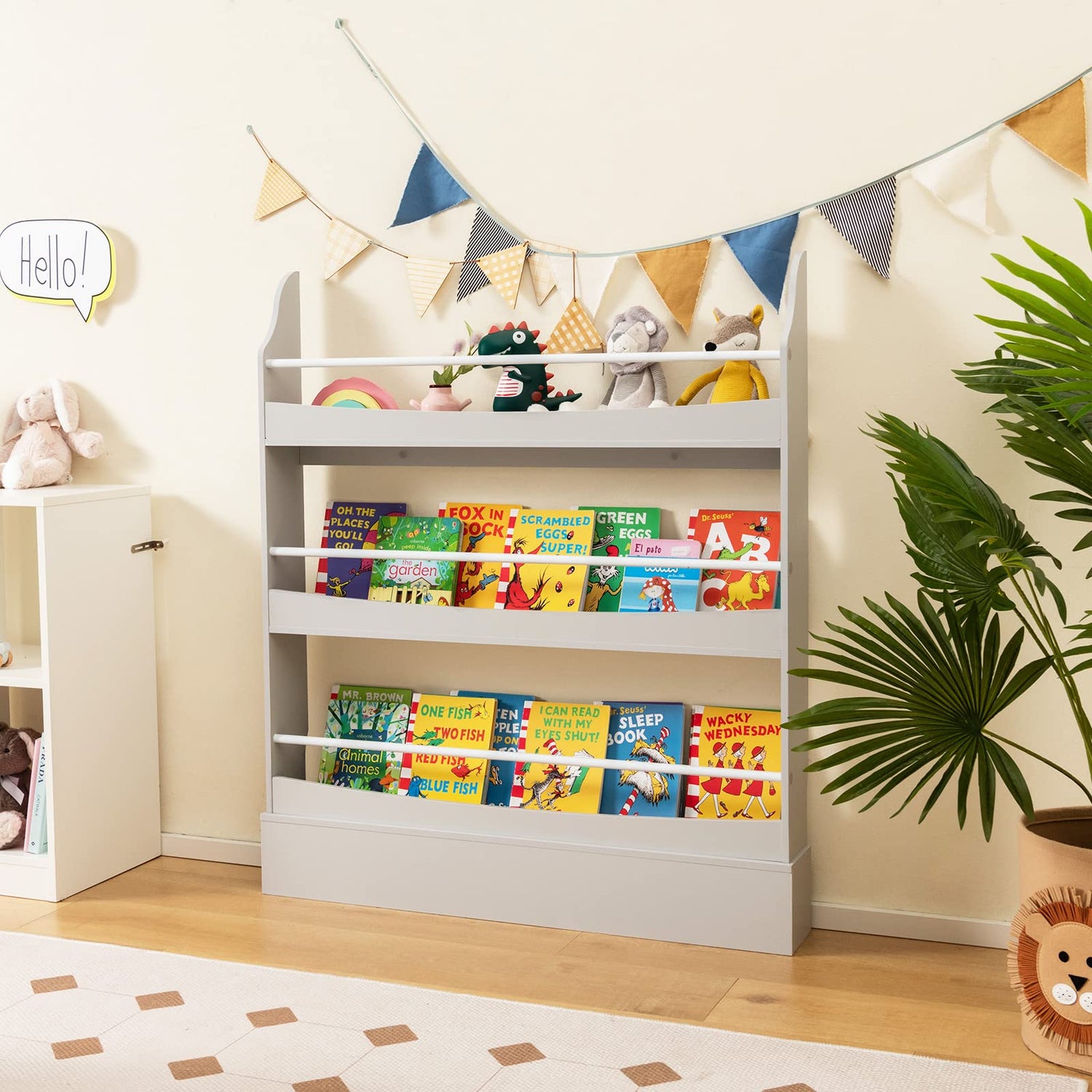 GYMAX 3/4-Tier Wooden Children Bookcase with Guardrails & Anti-Tipping Device