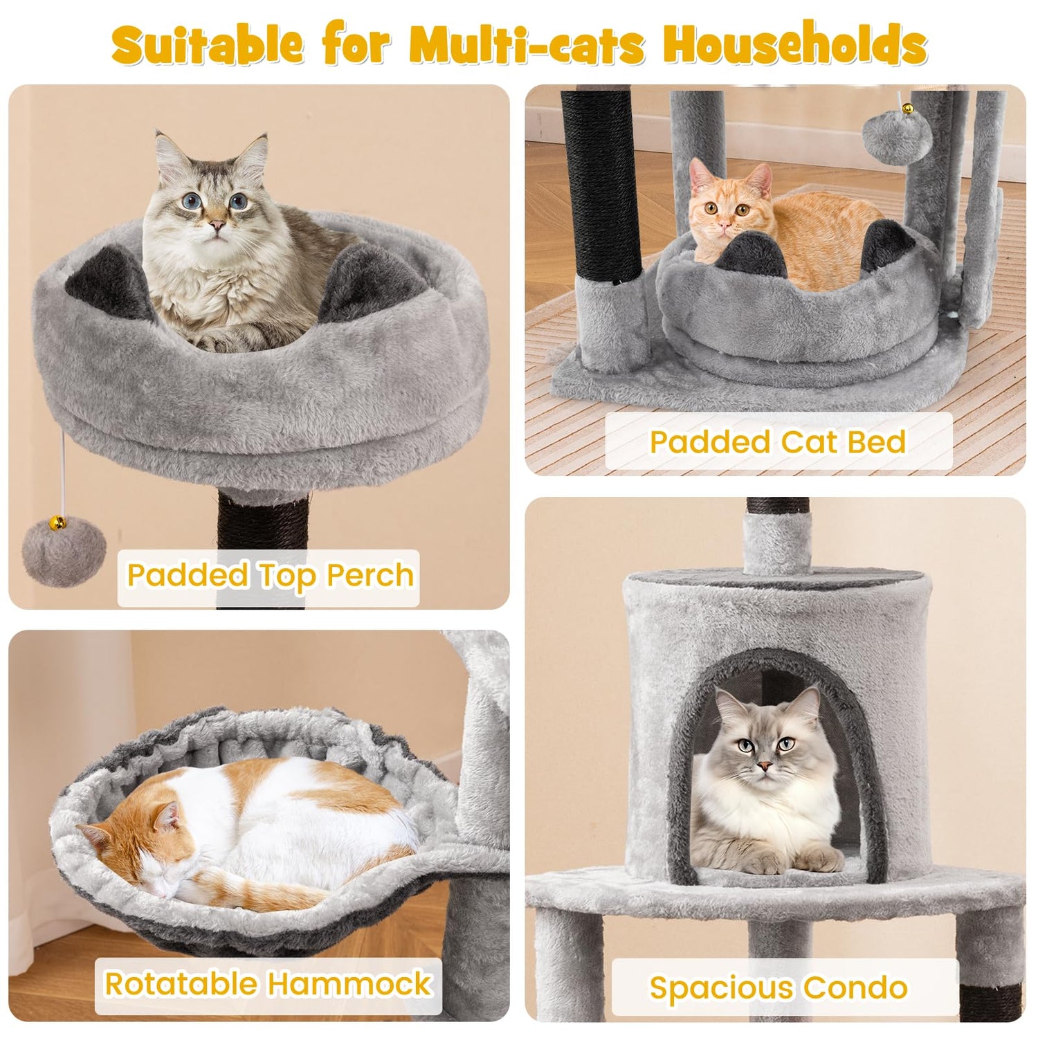 GYMAX Cat Tree, 144cm Tall Cat Tower with Condo, Scratching Posts & Sisal Board
