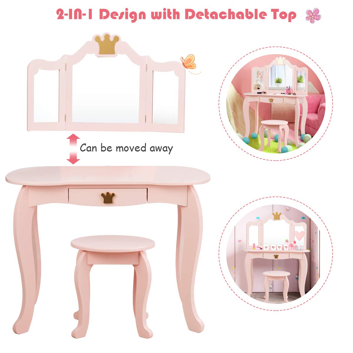 GYMAX Kids Dressing Table and Stool Set