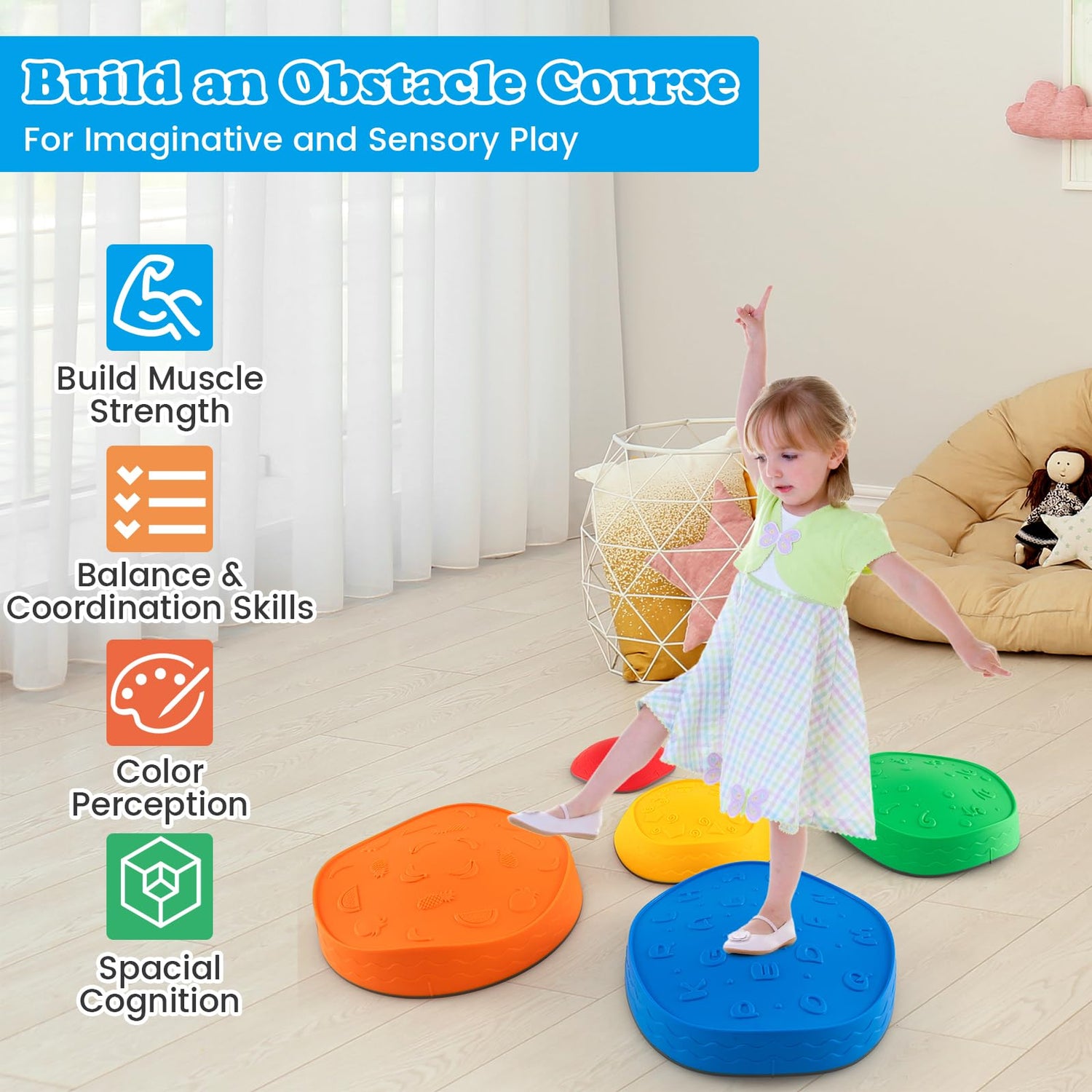 GYMAX Kids Balance Stones, Toddler Stepping Stones with Non-slip Bottom, Promote Coordination