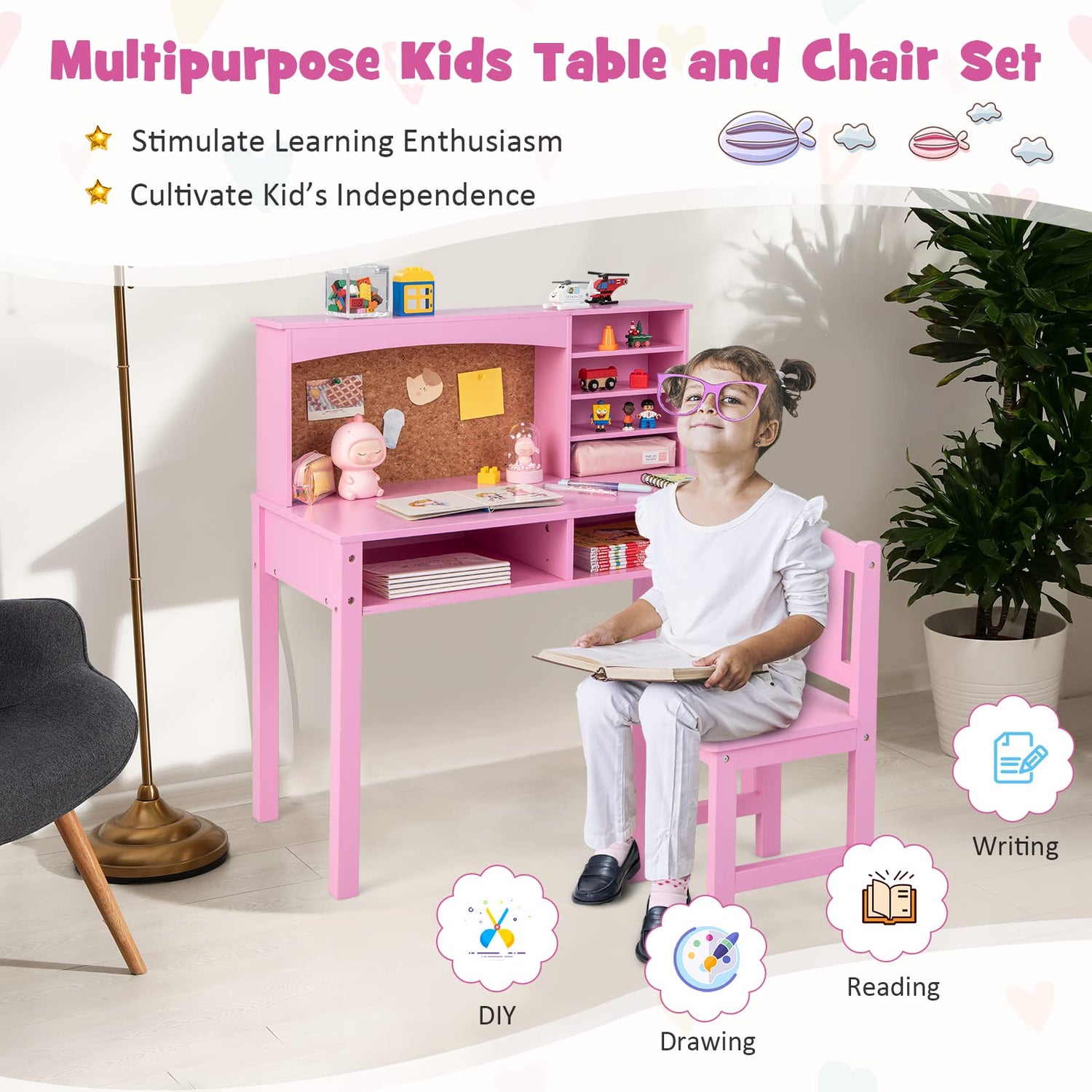GYMAX Kids Desk and Chair Set, Wooden Children Study Table with Storage Space and Bulletin Board