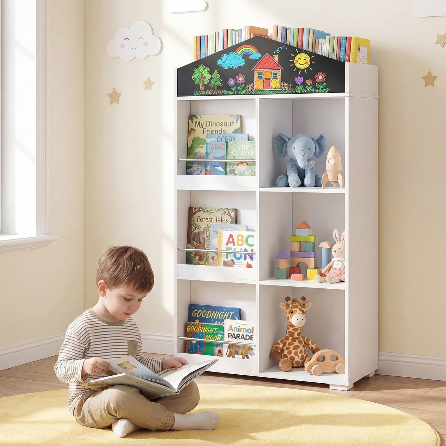 Wooden Book & Toy Storage Organizer, House Shaped Children Bookcase