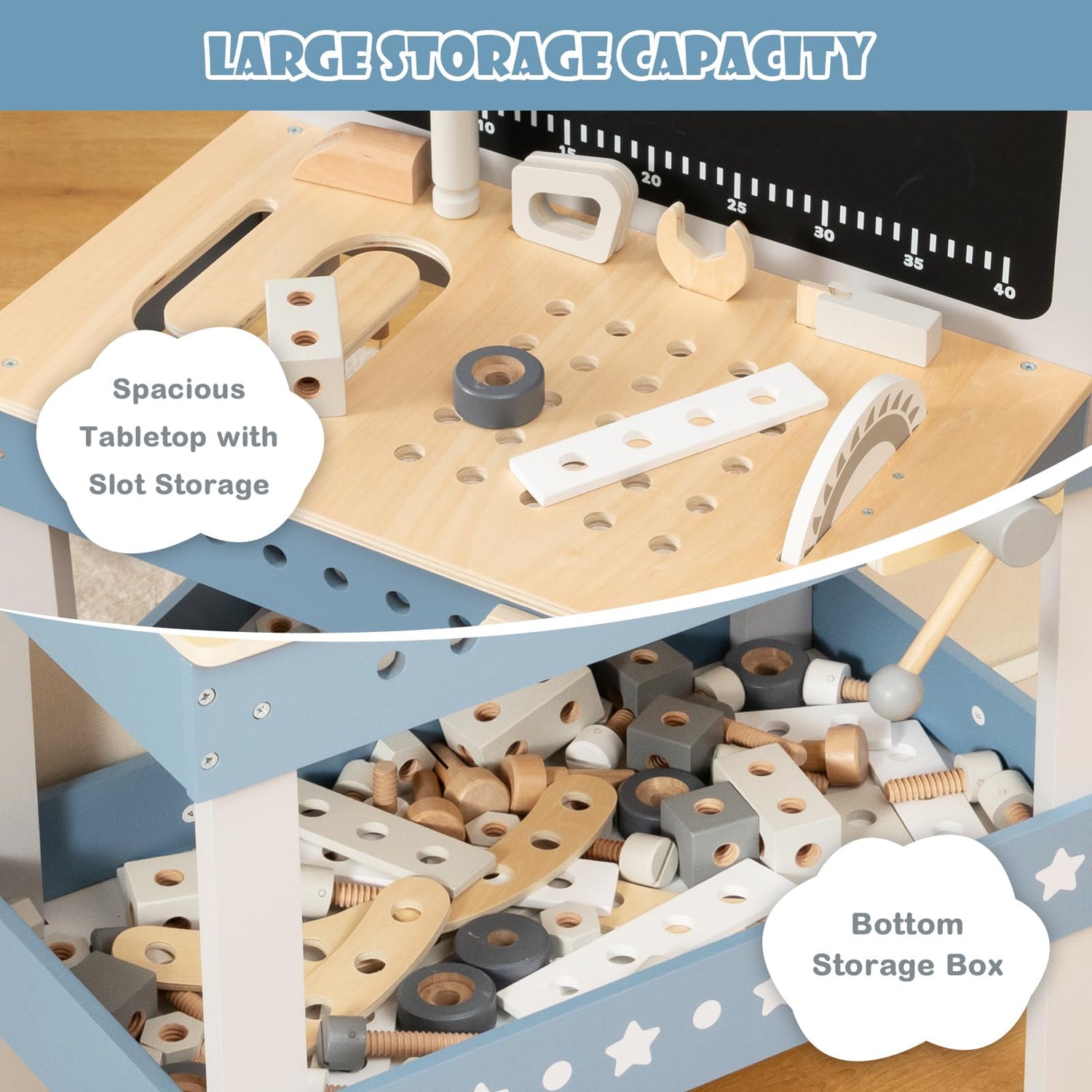 Kids Wooden Play Workbench with Blackboard and Tool Parts Set