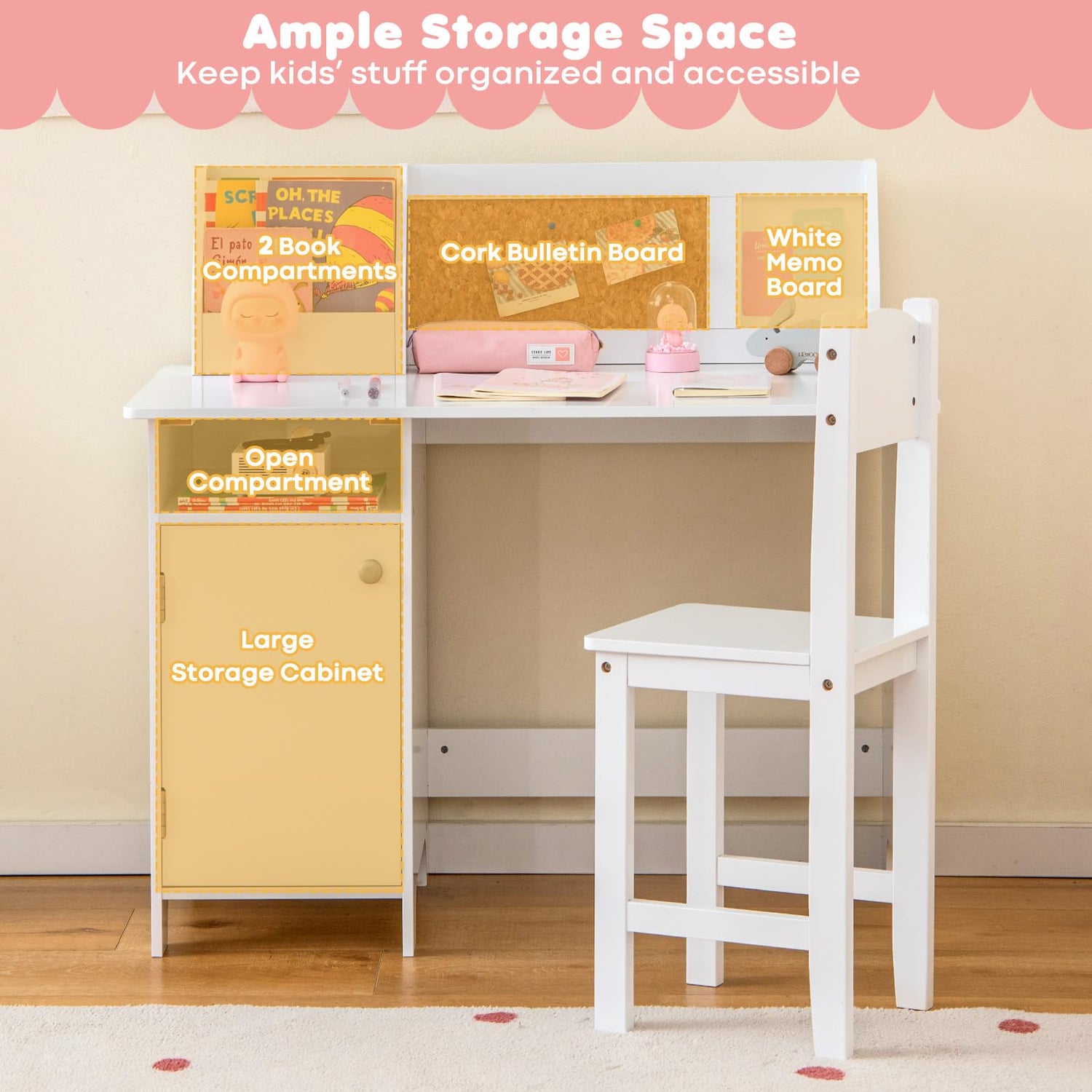 GYMAX Kids Desk and Chair Set, Wooden Children Table with Chair
