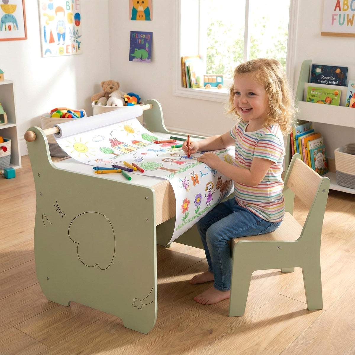 3 in 1 Kids Table and Chair Set, Toddler Art Table with Reversible Blackboard Tabletop