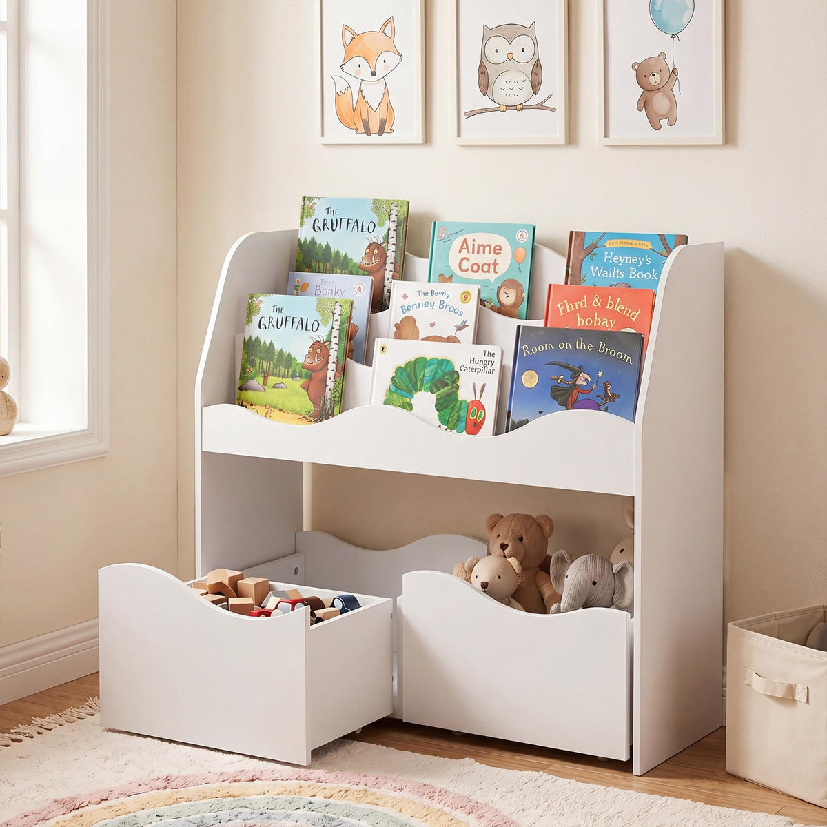 Kids Bookshelf, Storage Organizer with 2 Rolling Drawers