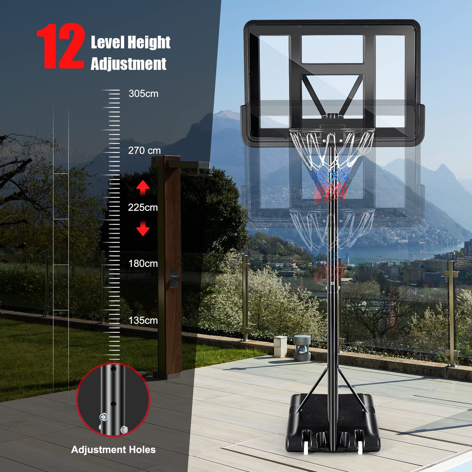 GYMAX Portable Basketball Hoop on Wheels, 4.25FT-10FT Adjustable Basketball Backboard Hoop Net System