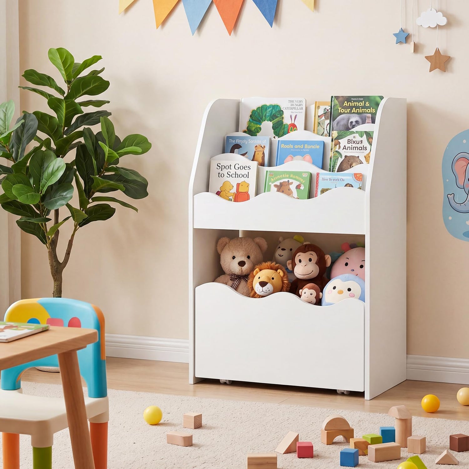Toy Storage Organizer, 3-Tier Kids Bookcase with Rolling Drawer