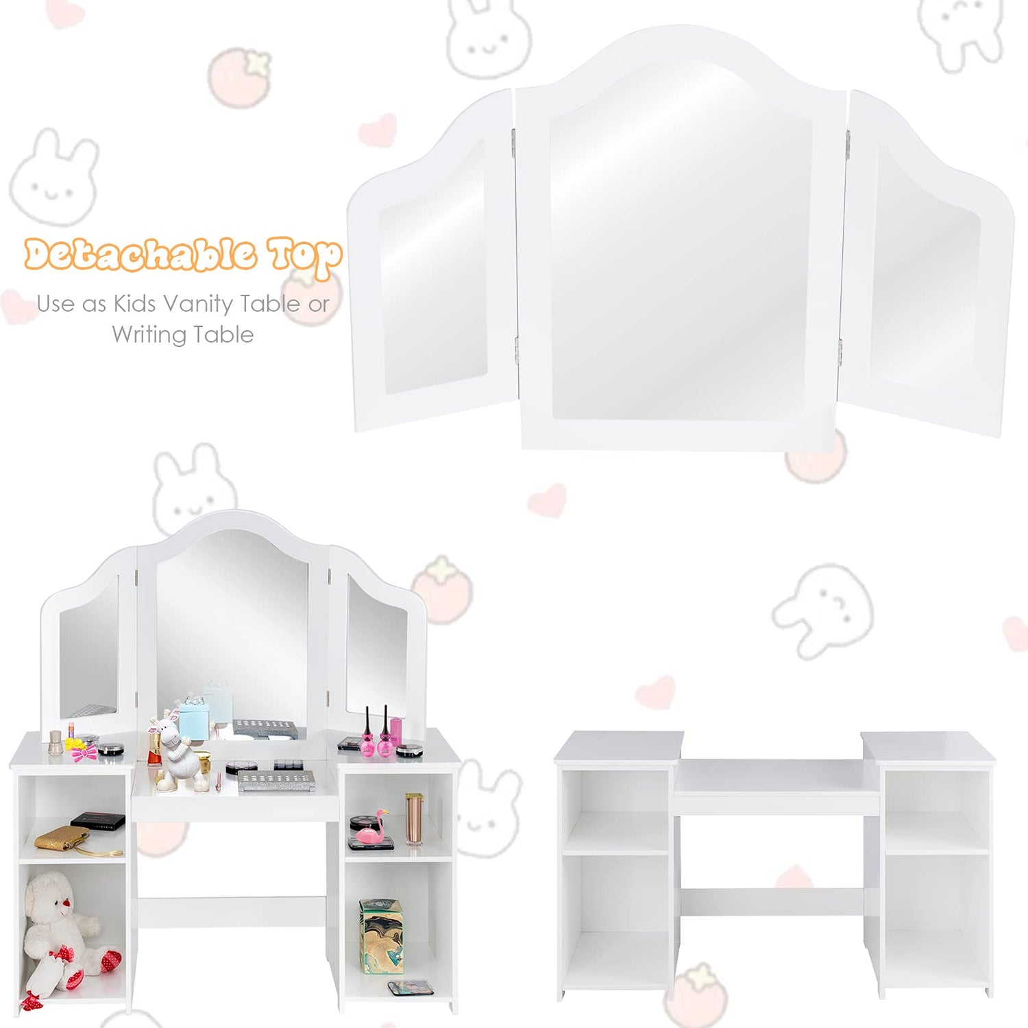 GYMAX Kids Dressing Table, 2 in 1 Children Vanity Table with Tri-Folding Mirror and Storage Shelf, White