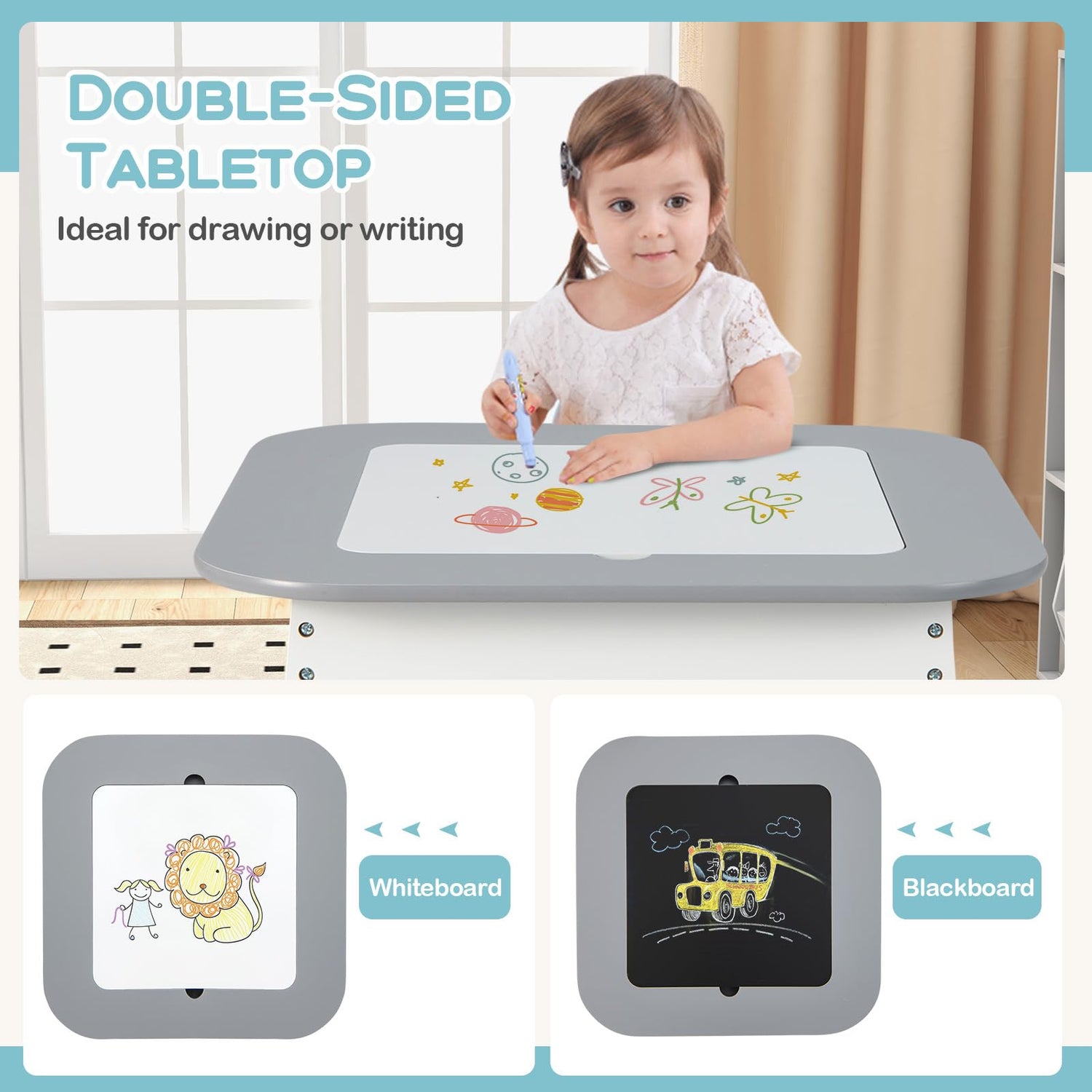GYMAX Kids Table and Chair Set, Children Activity Desk with Removable Blackboard/Whiteboard Tabletop & Hidden Storage Space (Grey+White)