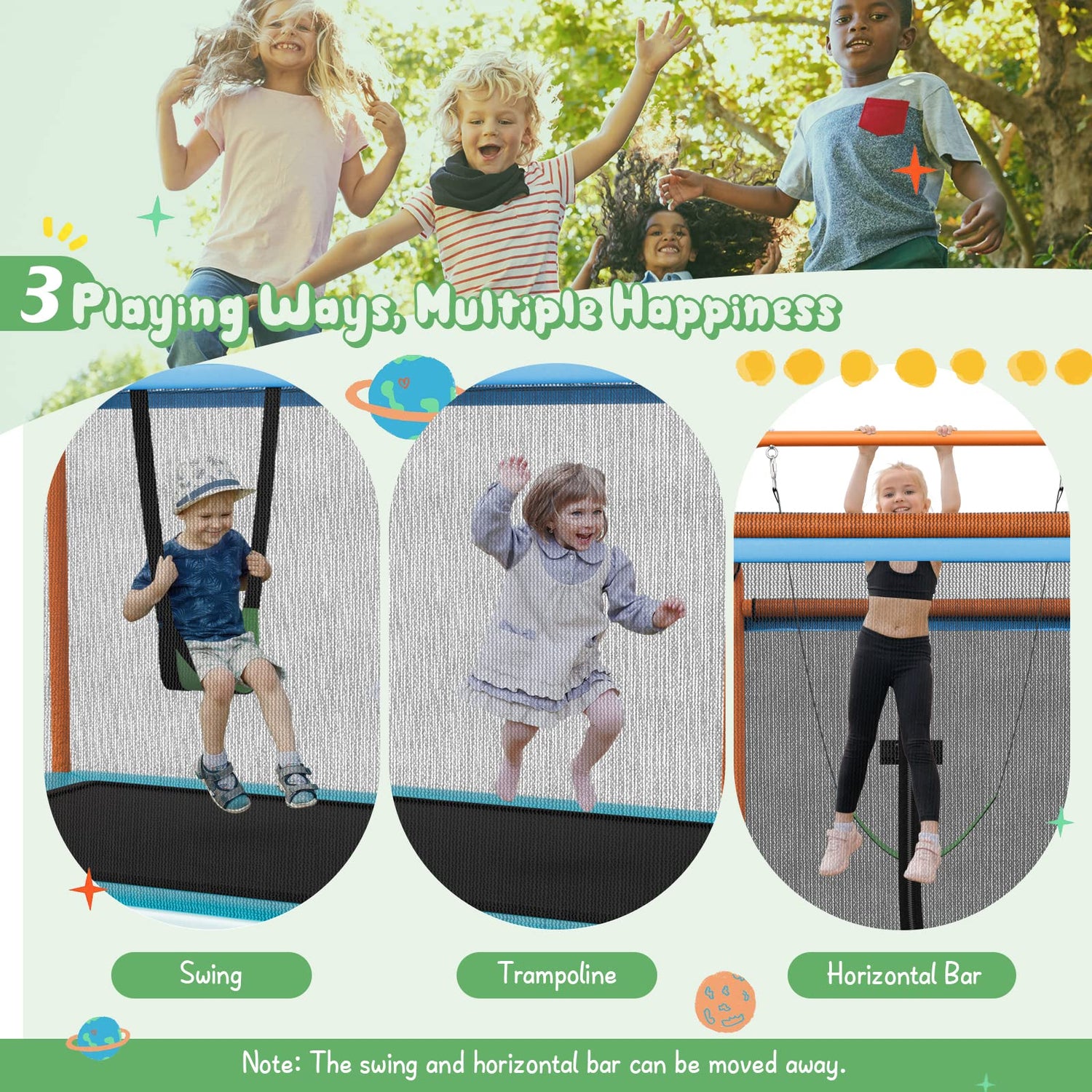 GYMAX 6 FT Kids Trampoline, 3-in-1 Rectangle Trampoline with Enclosure Net