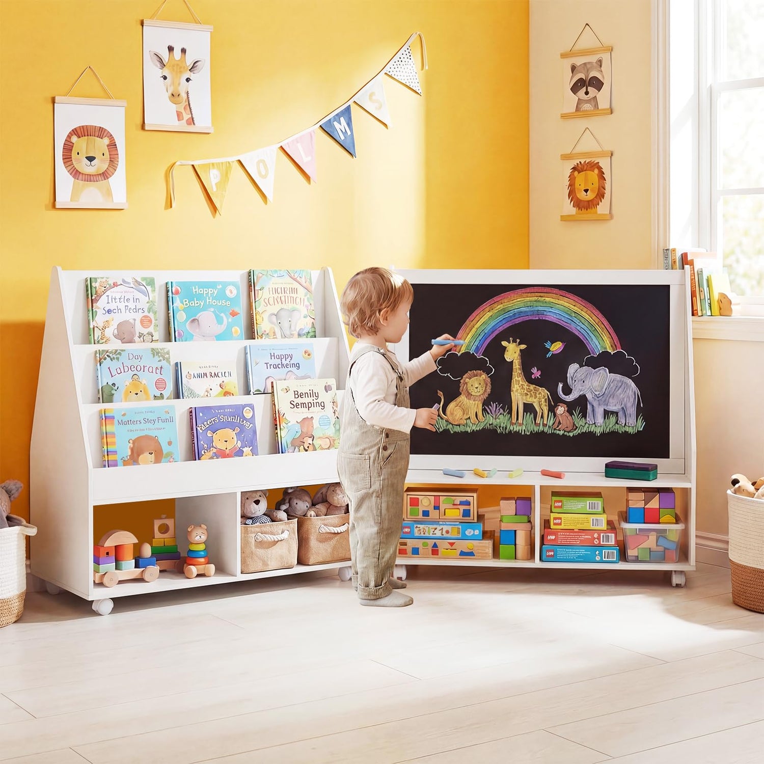 Kids Bookshelf, Double-Sided Children Bookcase with Wheels