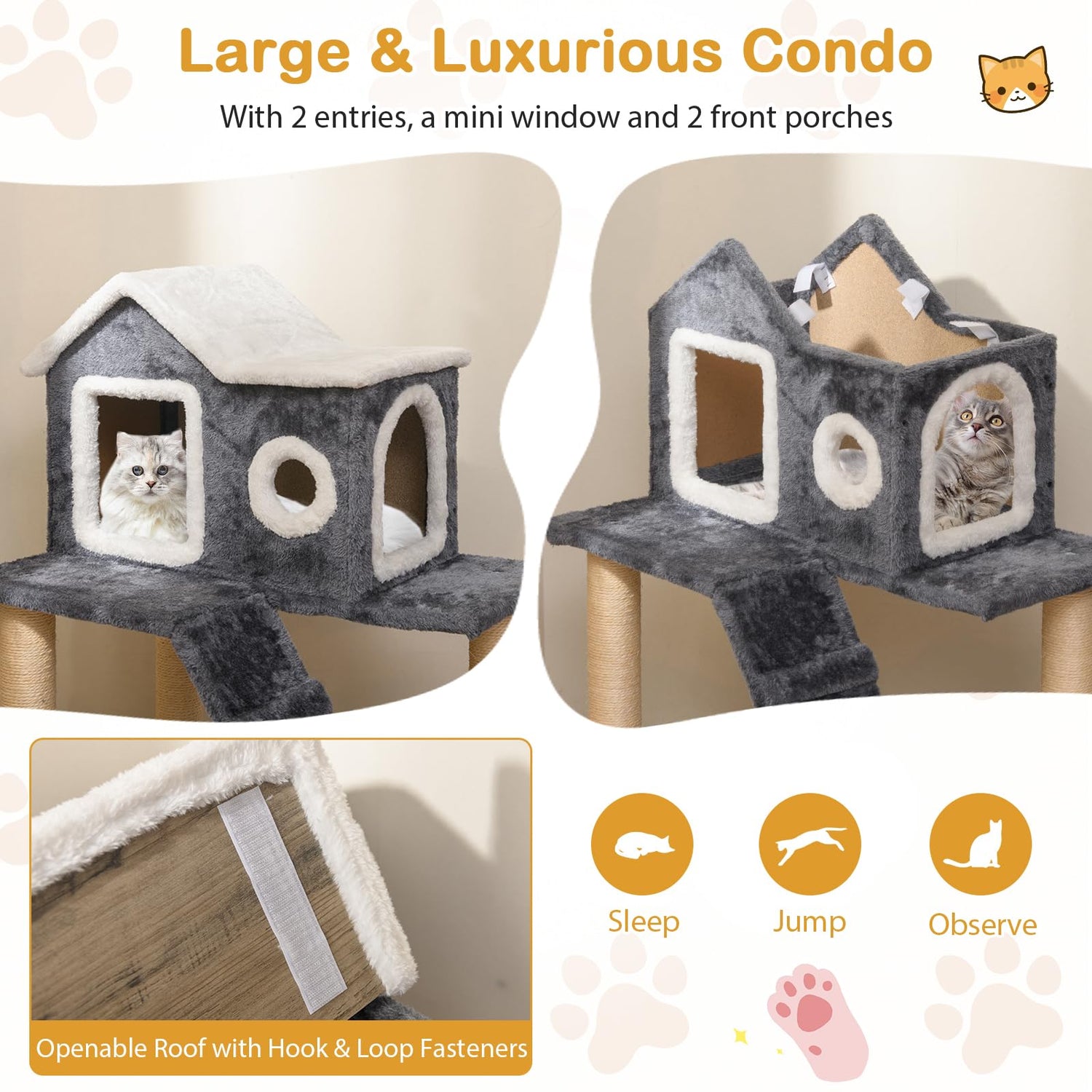 90cm Modern Cat Tree 3-level Cat Condo Furniture with Openable Roof