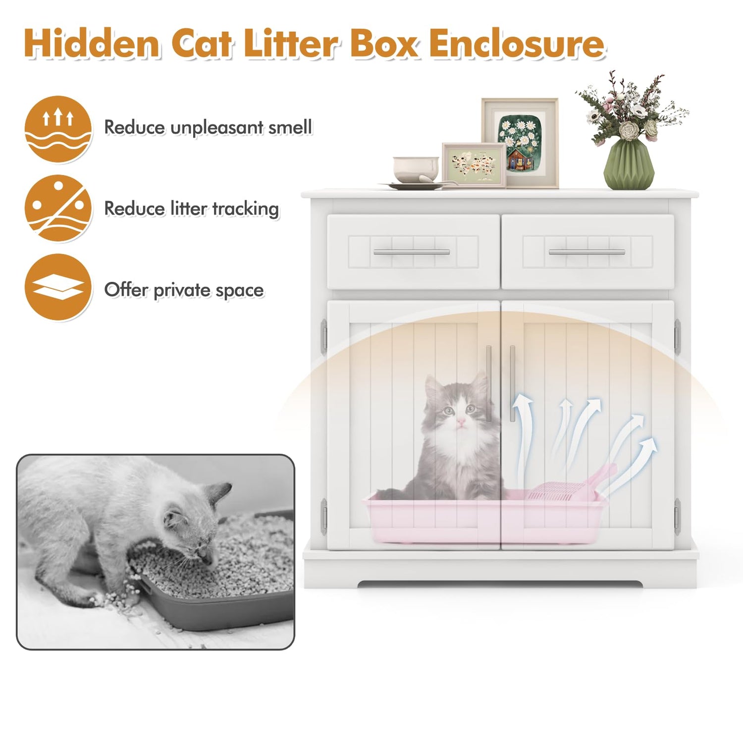 Wooden Pet Cabinet Furniture with Hidden Cat Washroom and 2 Drawers