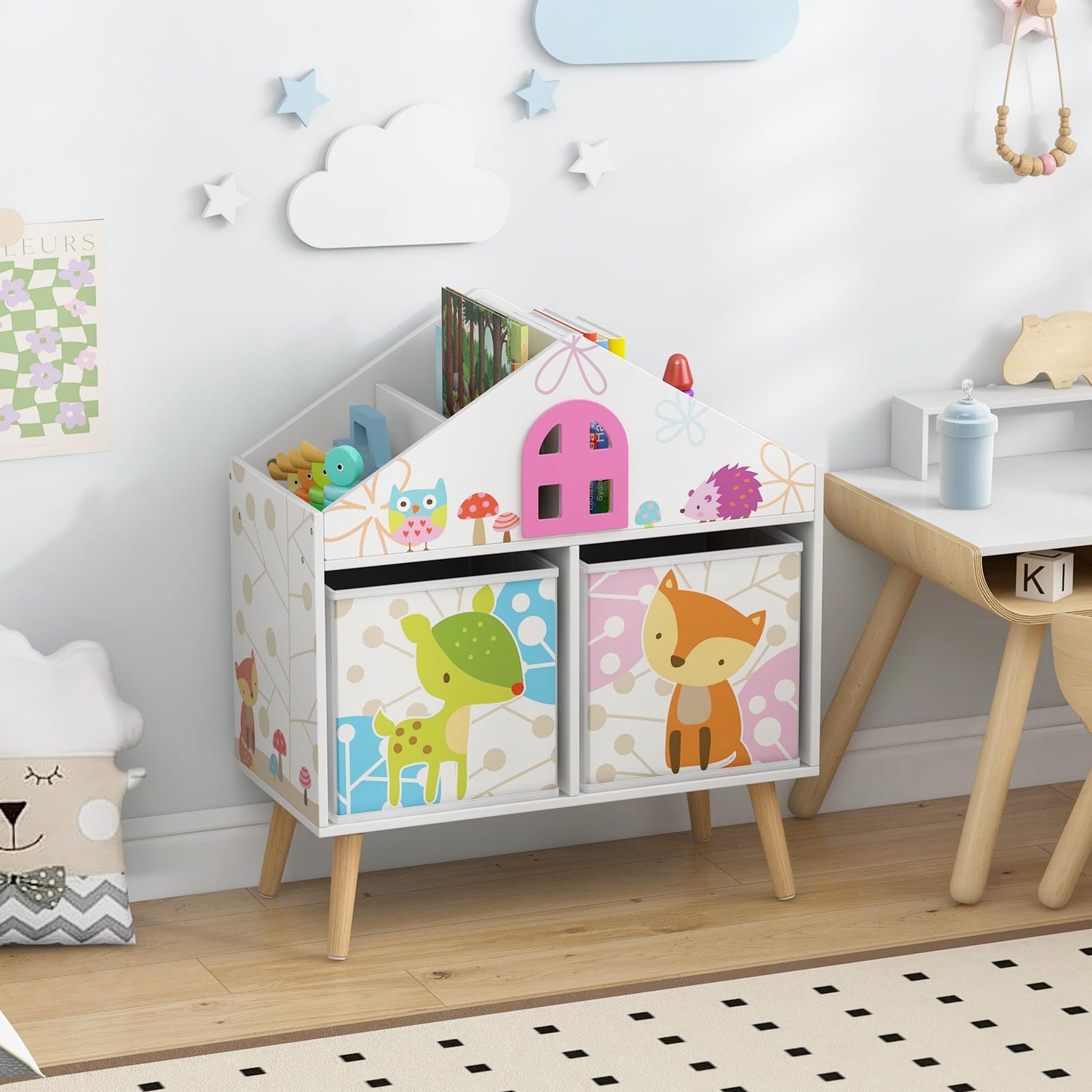 GYMAX Toy Storage Organizer, Wooden Kids Bookcase with 2 Fabric Bins & Solid Wood Legs