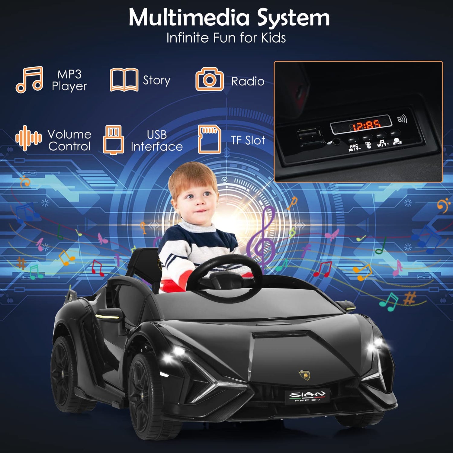 GYMAX Kids Ride on Car, 12V Battery Powered Licensed Lamborghini Toy Car with Remote Control