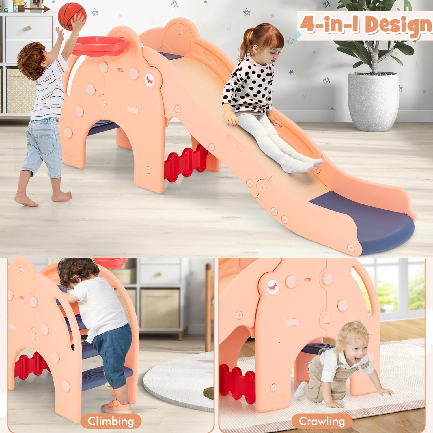GYMAX 4 in 1 Toddlers Freestanding Slides with Basketball Hoop