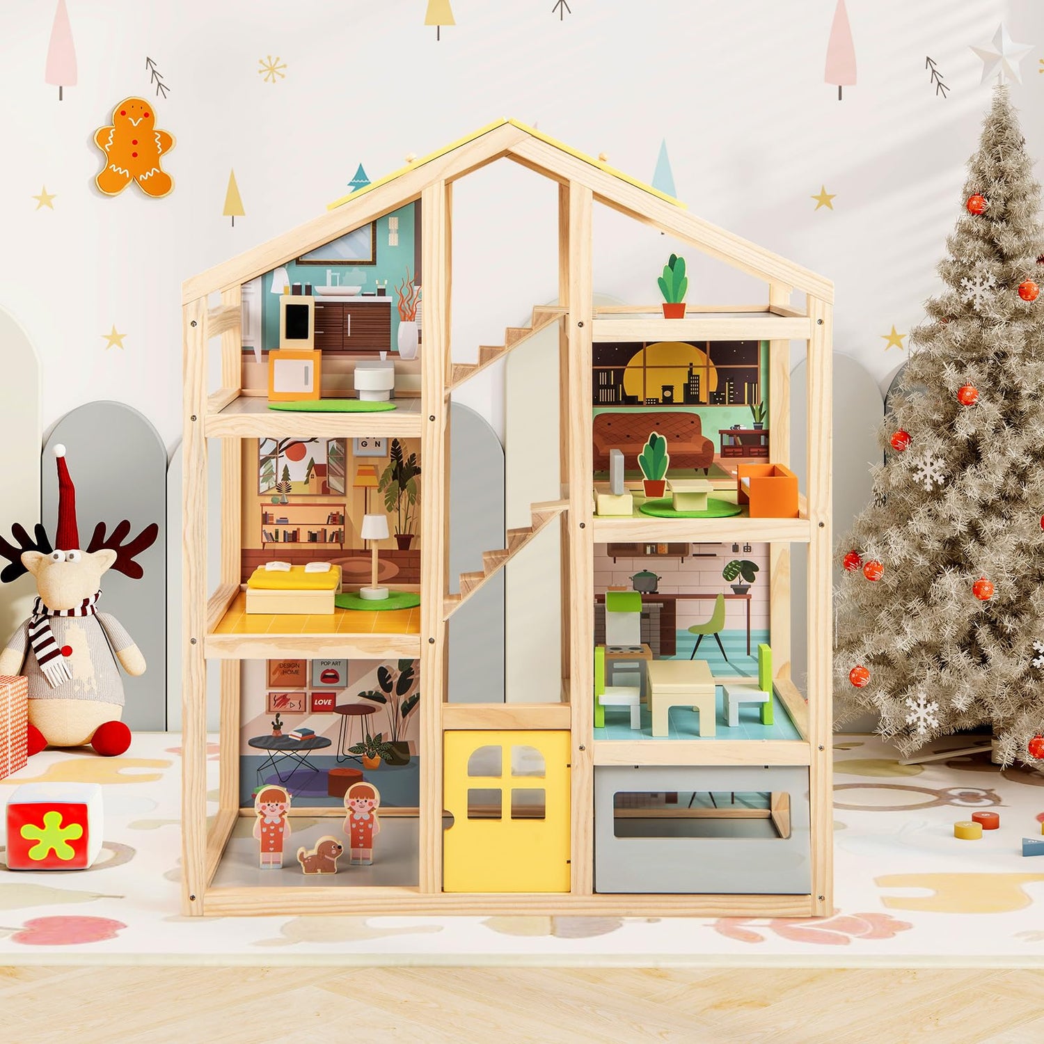 Kids Wooden Dollhouse with 7 Rooms and 18 Pcs Furniture Accessories
