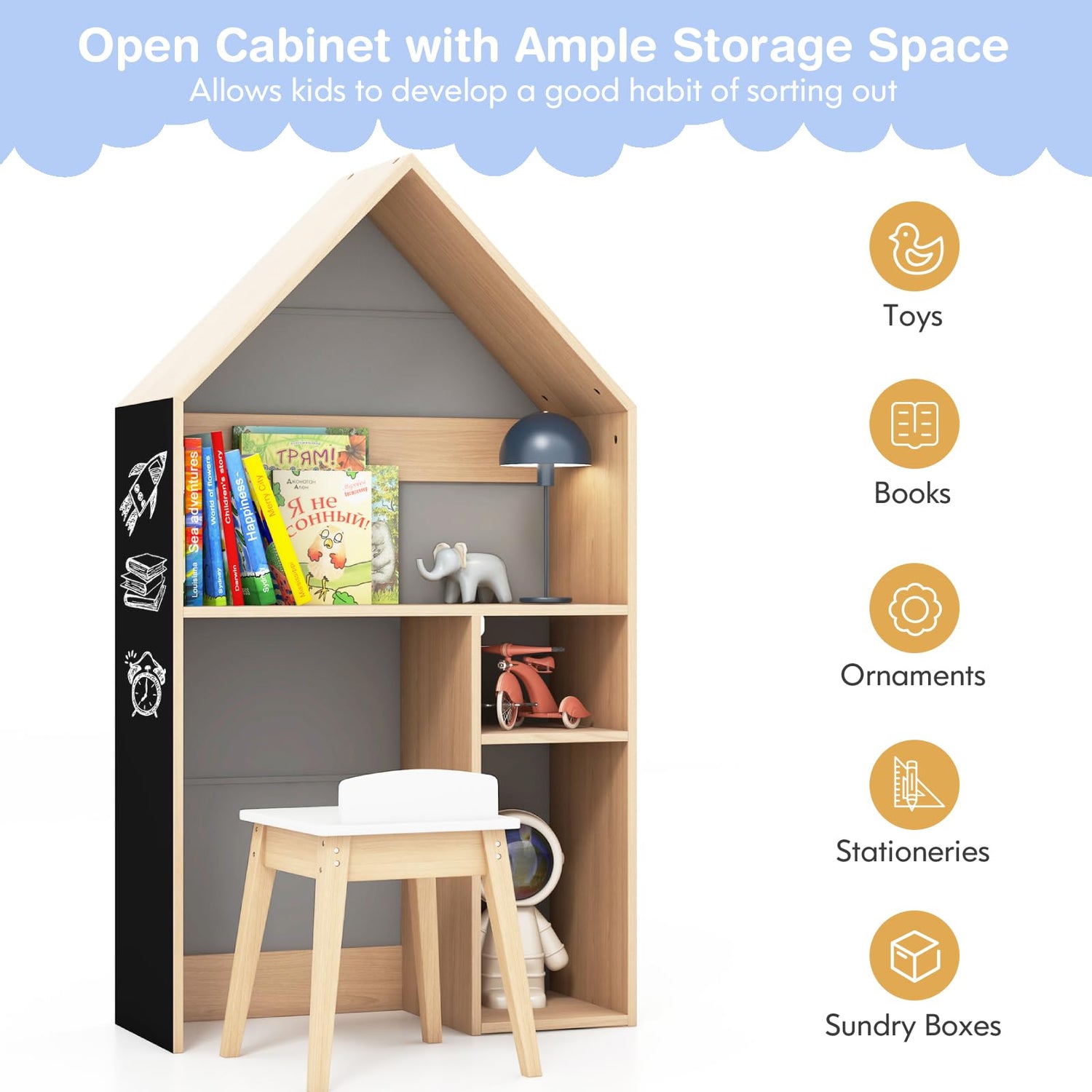 GYMAX Kids Desk and Chair Set, Wooden Toy Storage Organizer