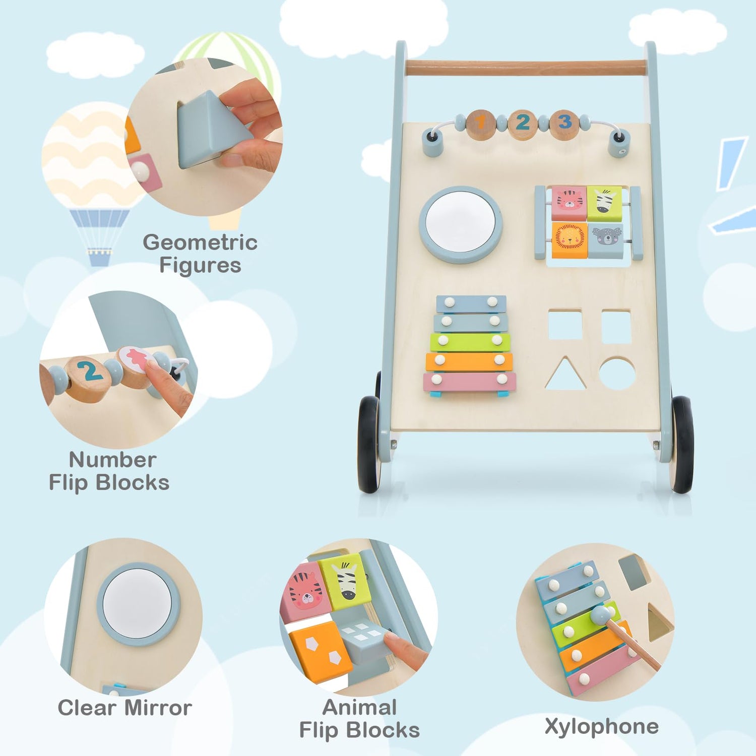 GYMAX Wooden Baby Walker, Toddler First Step Activity Interactive Push Along Toy with Handle