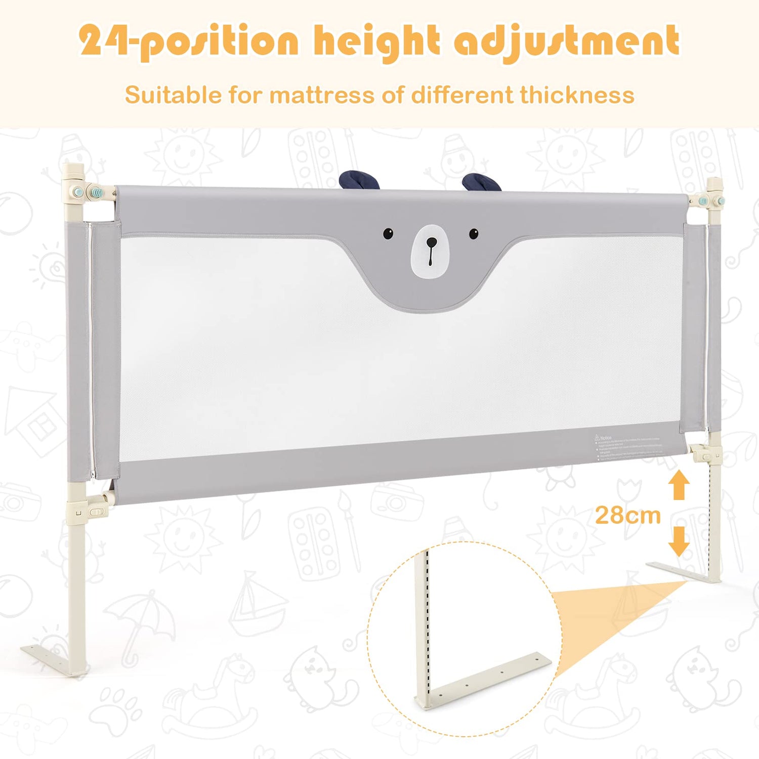 GYMAX 175 x 25 x 73-101cm Baby Bed Guard with Double Safety Lock